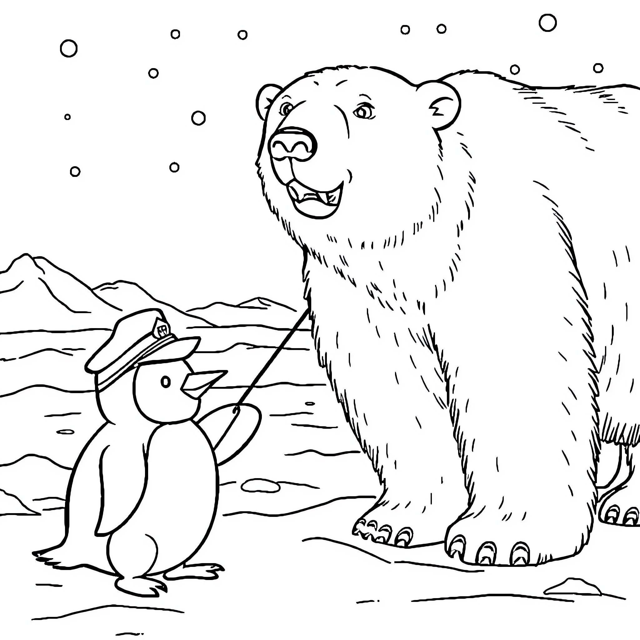 Penguin and Bear in Snowy Landscape Coloring Page (free black-and-white line drawing printable PDF for all, from beginners to advanced learners, including children, teens, adults, and seniors)