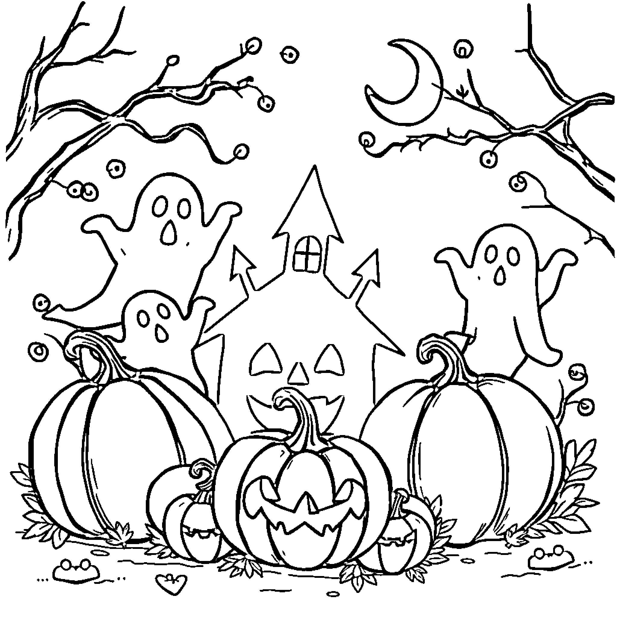 Halloween Spooky Pumpkins and Ghostly Scenes Coloring Page (free black-and-white line drawing printable PDF for all, from beginners to advanced learners, including children, teens, adults, and seniors)
