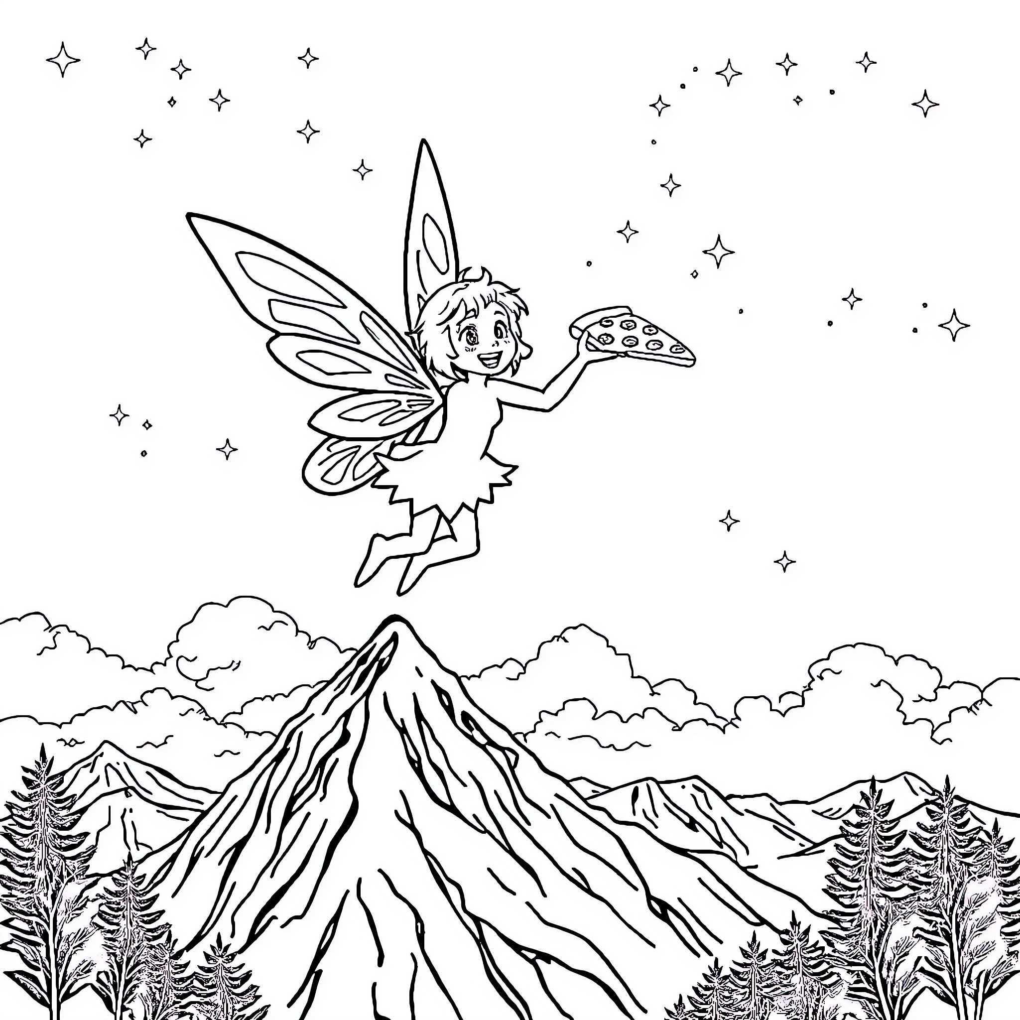 Fairy delivering a magical pizza in the mountains Coloring Page (free black-and-white line drawing printable PDF for all, from beginners to advanced learners, including children, teens, adults, and seniors)