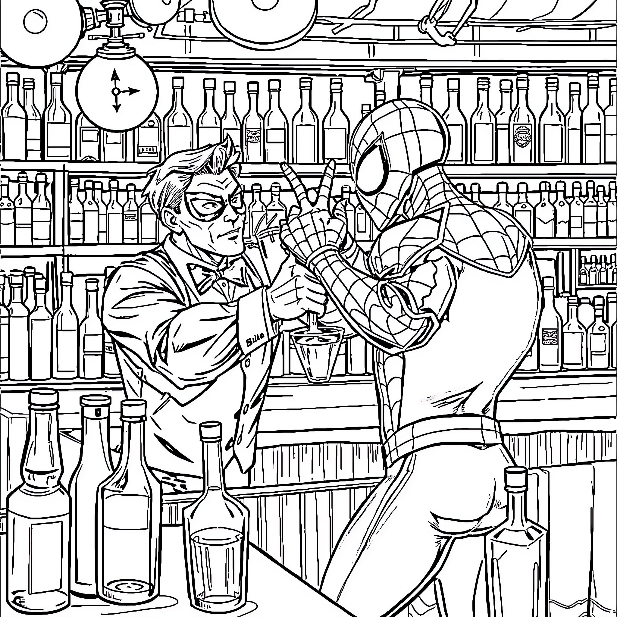 Barman pouring drinks for a customer at the bar Coloring Page (free black-and-white line drawing printable PDF for all, from beginners to advanced learners, including children, teens, adults, and seniors)