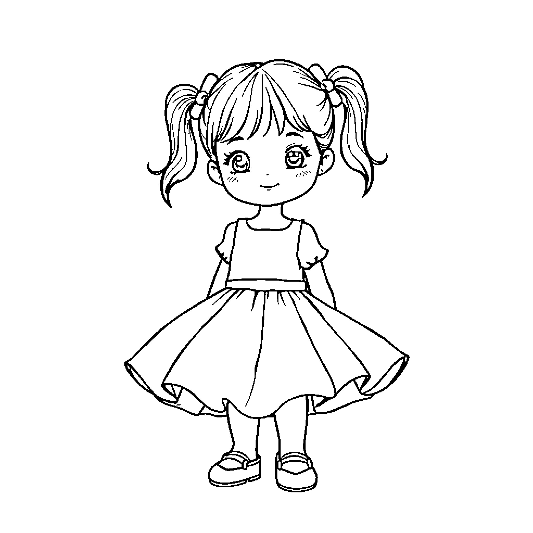 Girl in a cheerful dress with pigtails Coloring Page (free black-and-white line drawing printable PDF for all, from beginners to advanced learners, including children, teens, adults, and seniors)