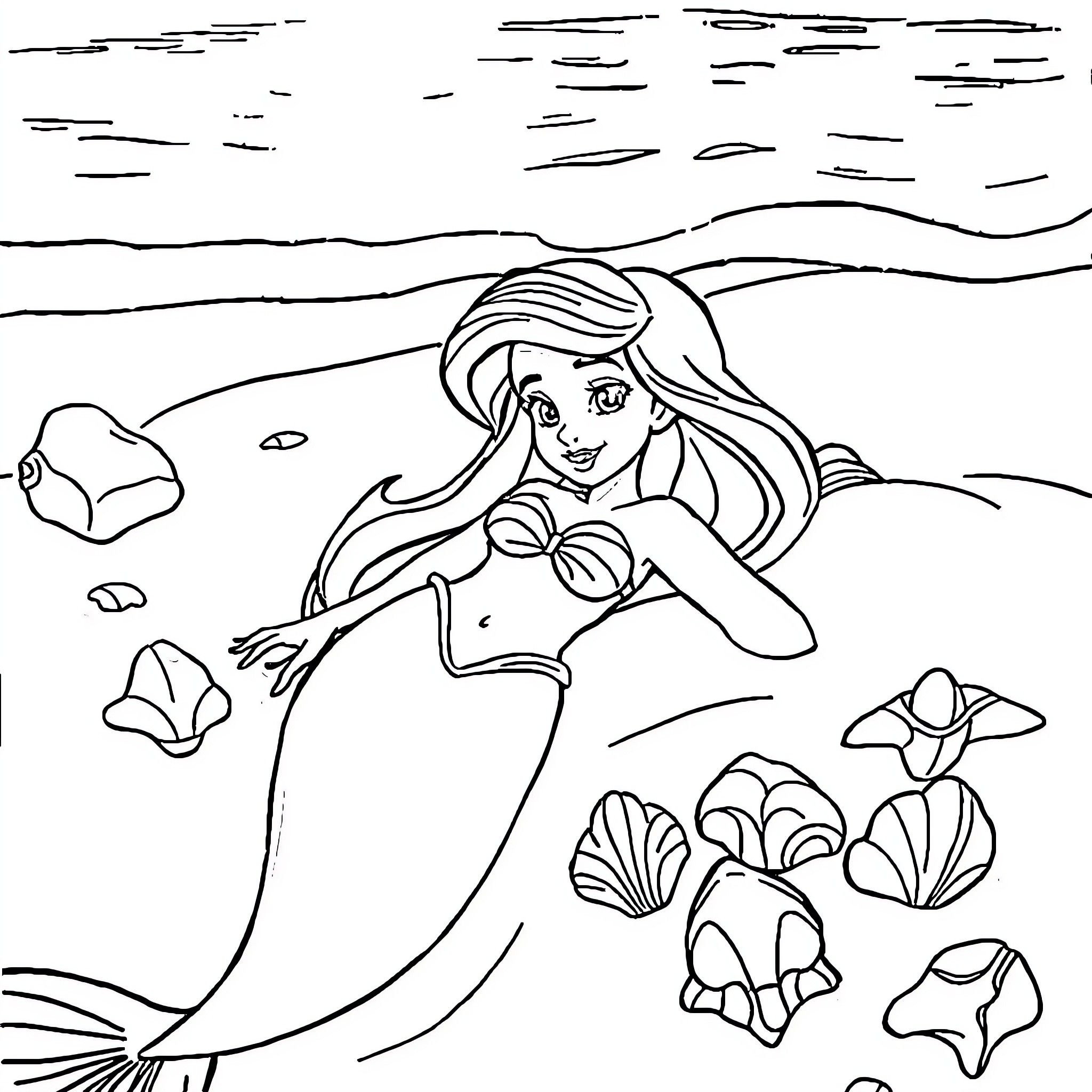 Ariel exploring the underwater world Coloring Page (free black-and-white line drawing printable PDF for all, from beginners to advanced learners, including children, teens, adults, and seniors)