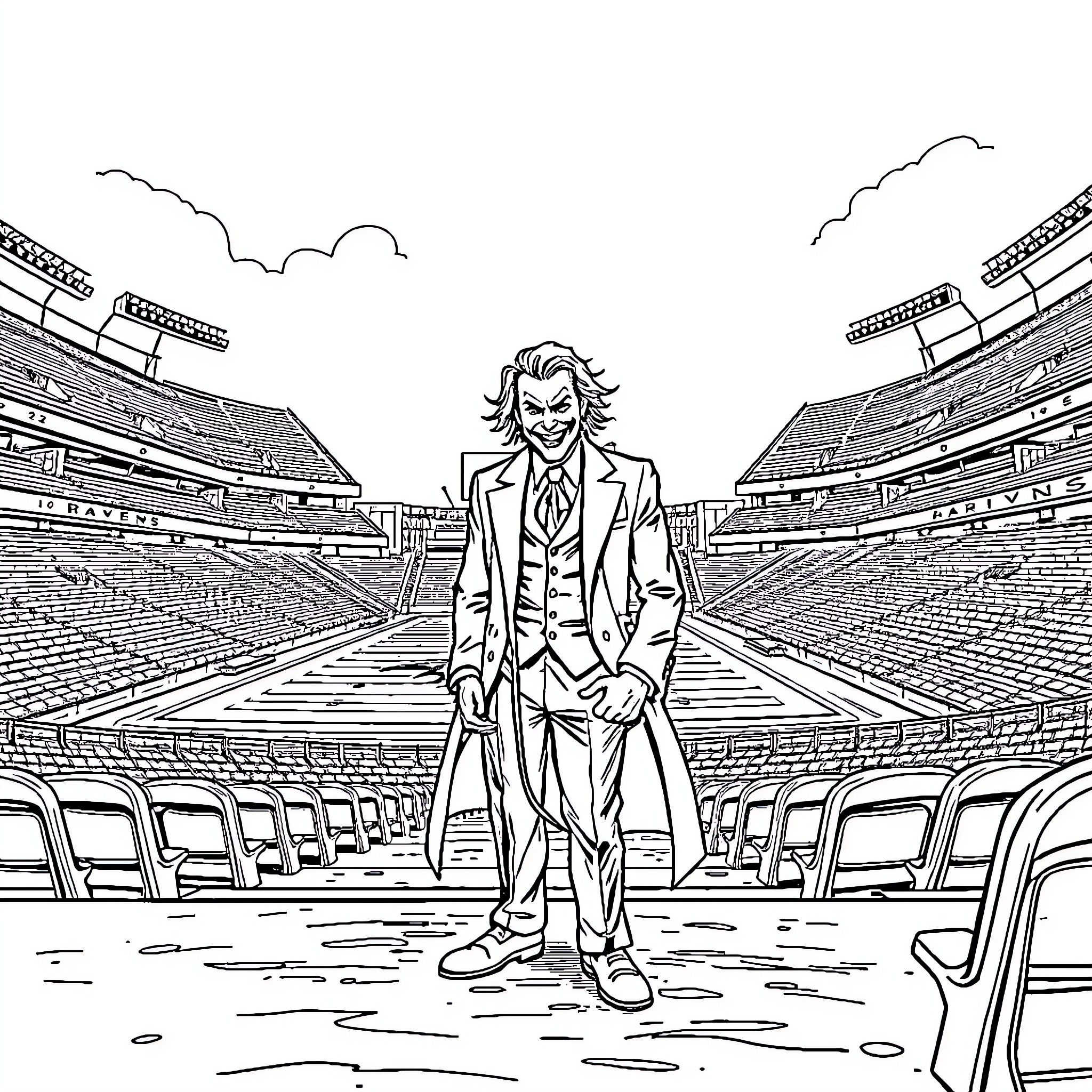 Joker standing confidently in a large stadium Coloring Page (free black-and-white line drawing printable PDF for all, from beginners to advanced learners, including children, teens, adults, and seniors)