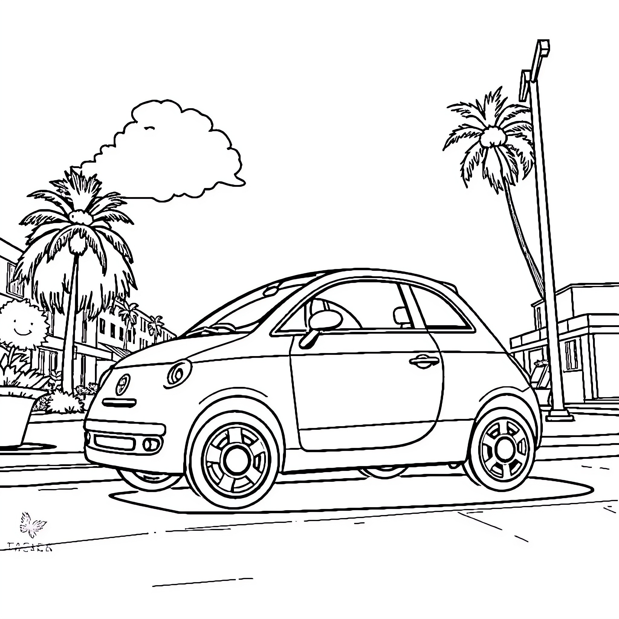 Fiat 500 in tropical city scene Coloring Page (free black-and-white line drawing printable PDF for all, from beginners to advanced learners, including children, teens, adults, and seniors)