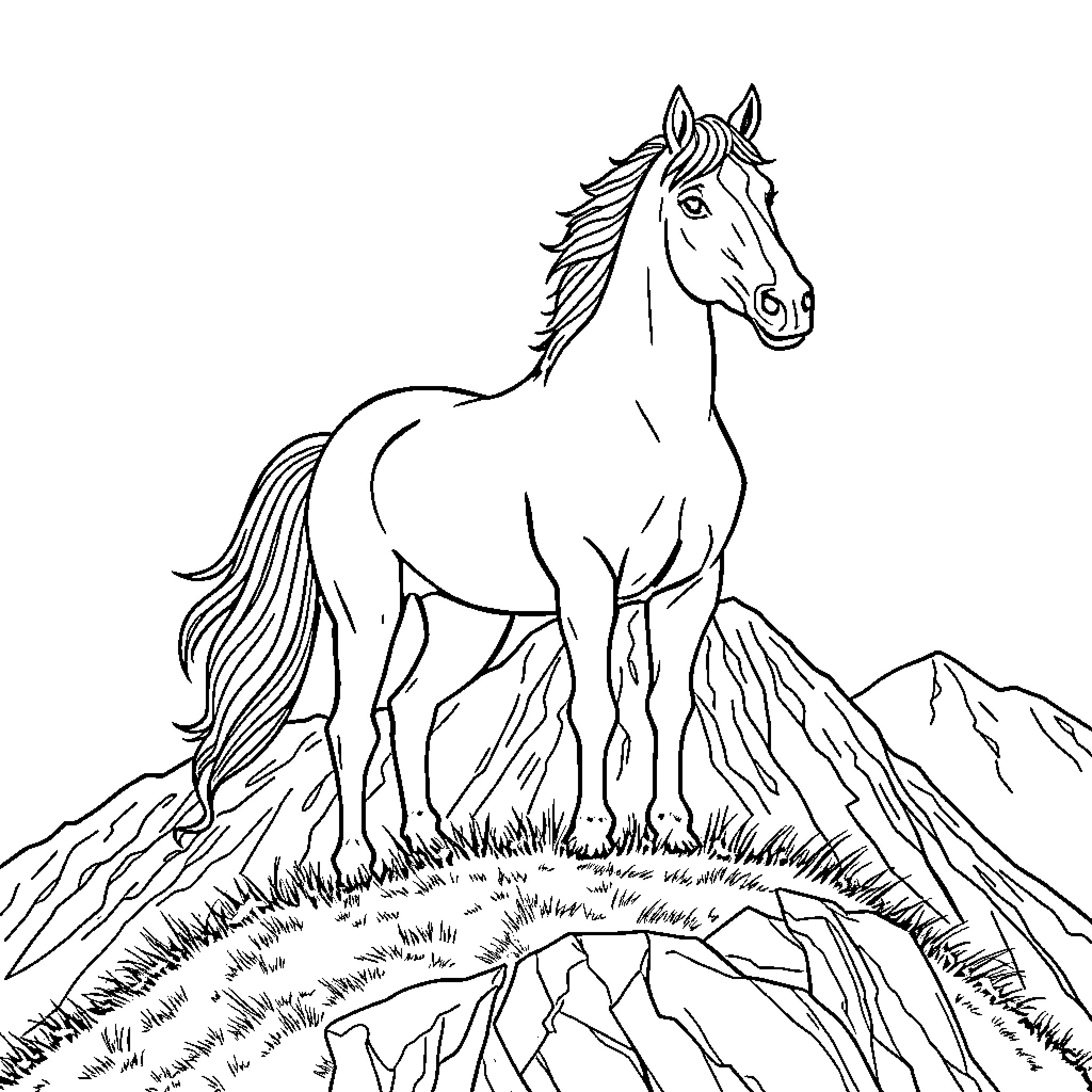 Horse standing majestically on a mountainous landscape Coloring Page (free black-and-white line drawing printable PDF for all, from beginners to advanced learners, including children, teens, adults, and seniors)