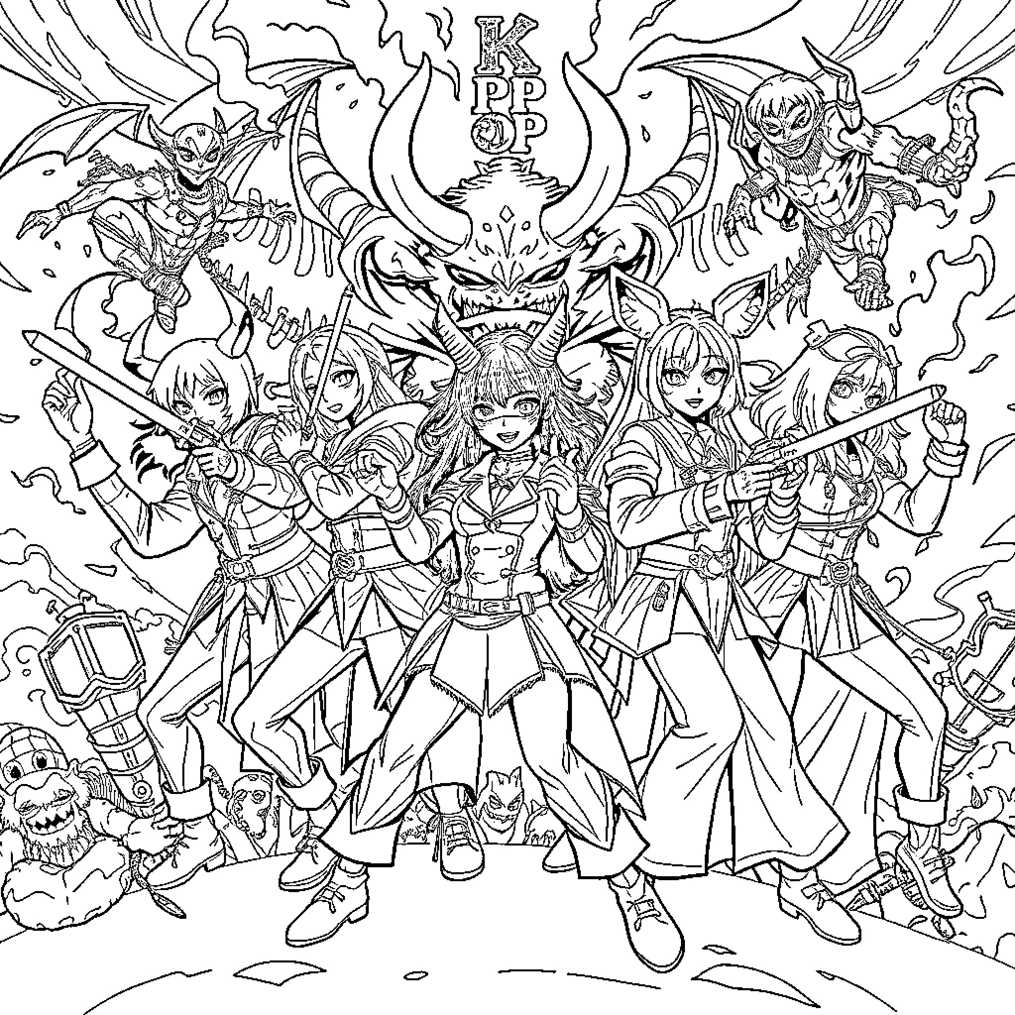 Demon Hunter Group Battles Fearsome Creatures Coloring Page (free black-and-white line drawing printable PDF for all, from beginners to advanced learners, including children, teens, adults, and seniors)