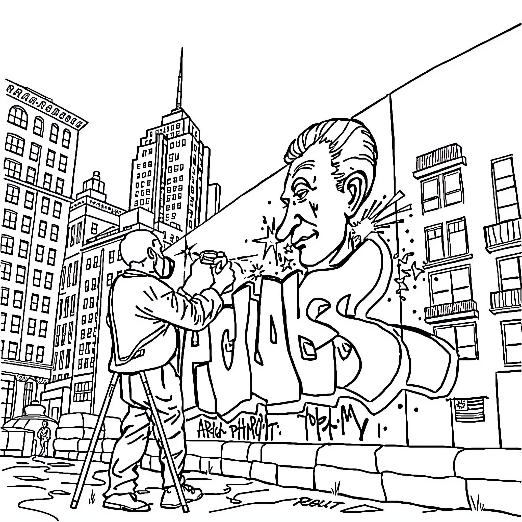 Pablo Picasso's Artistic Expression in the City Coloring Page (free black-and-white line drawing printable PDF for all, from beginners to advanced learners, including children, teens, adults, and seniors)