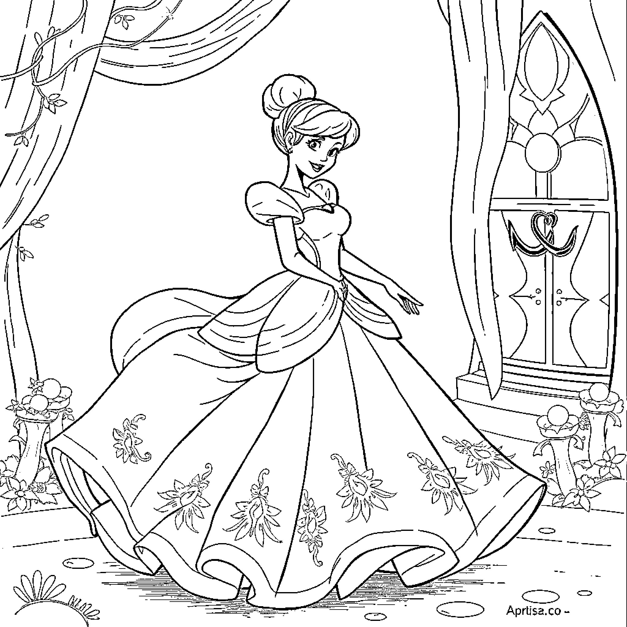 Cinderella's Enchanting Transformation Coloring Page (free black-and-white line drawing printable PDF for all, from beginners to advanced learners, including children, teens, adults, and seniors)