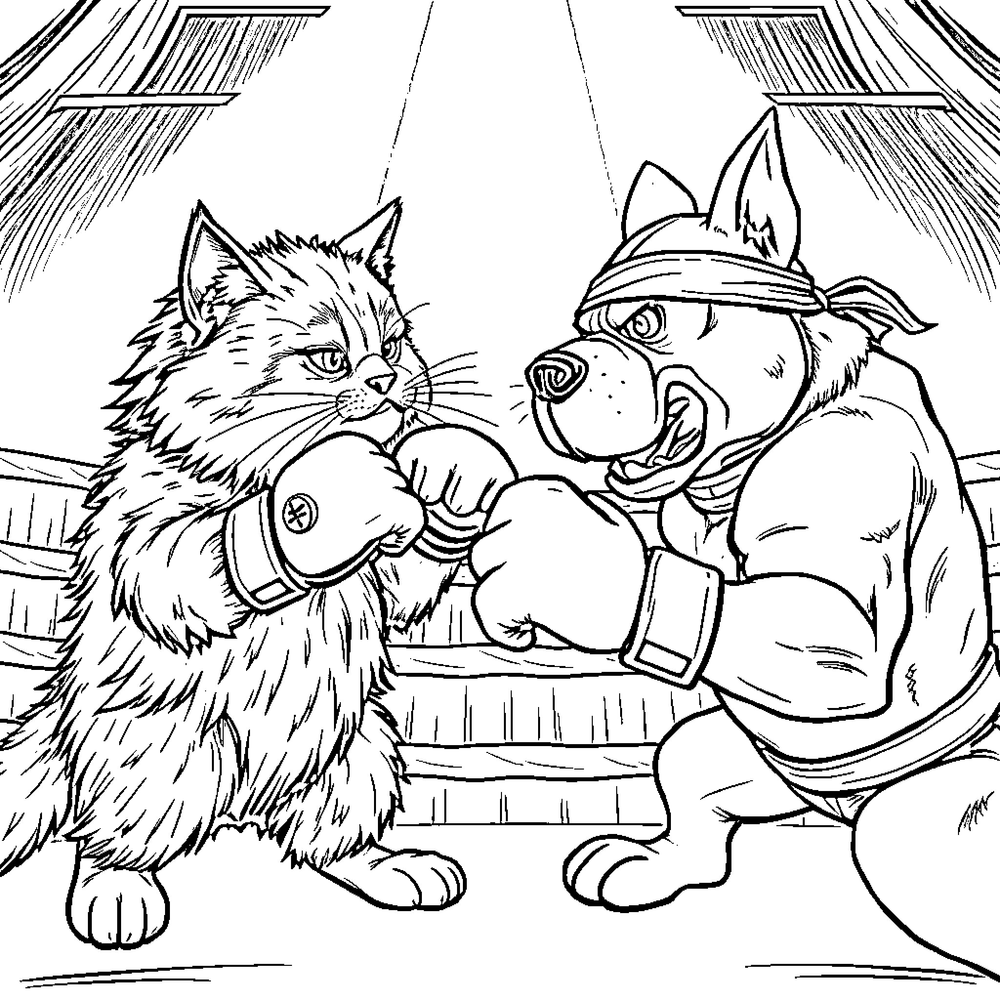 Cat friends in cartoon adventure Coloring Page (free black-and-white line drawing printable PDF for all, from beginners to advanced learners, including children, teens, adults, and seniors)