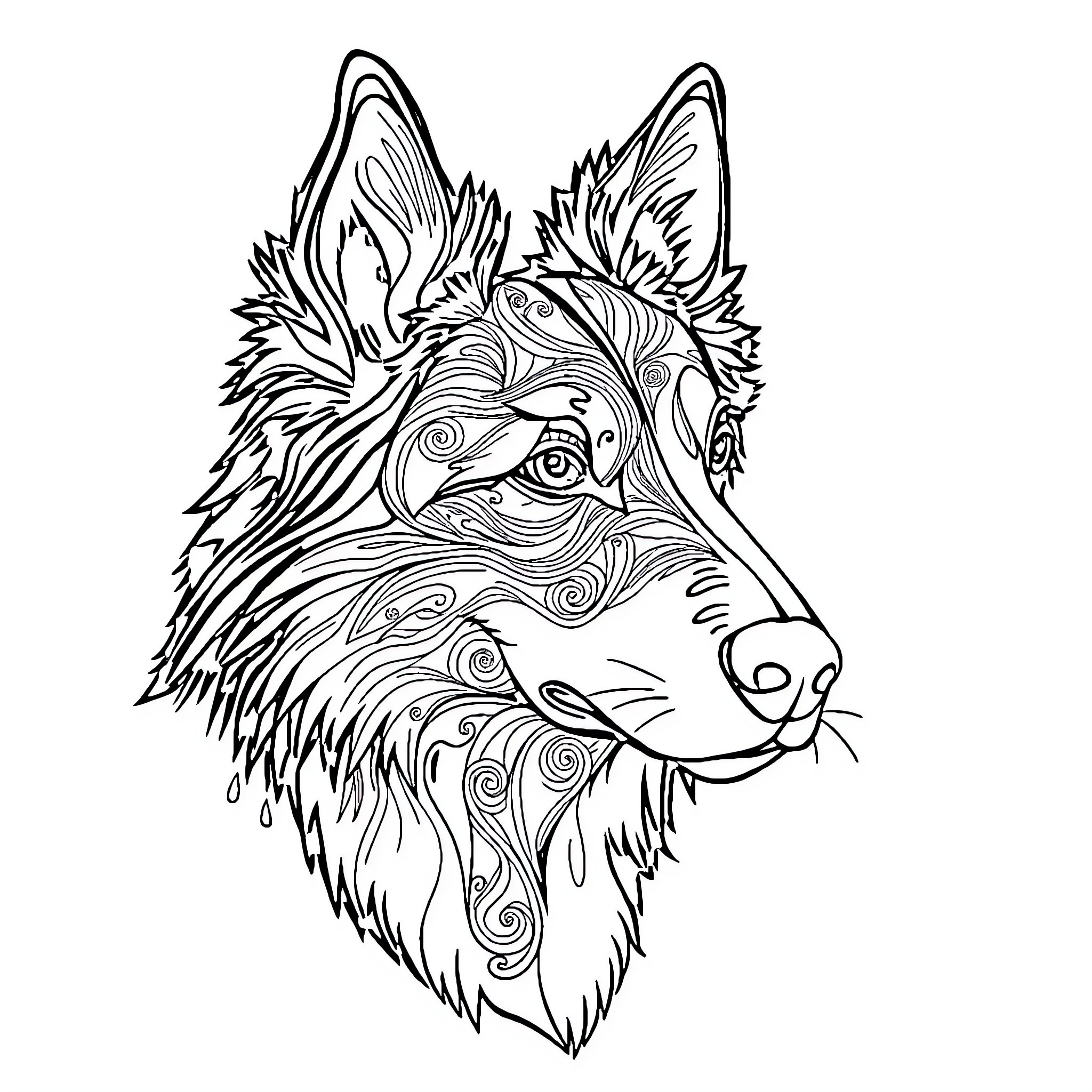 Collie depicted in an intricate abstract design Coloring Page (free black-and-white line drawing printable PDF for all, from beginners to advanced learners, including children, teens, adults, and seniors)