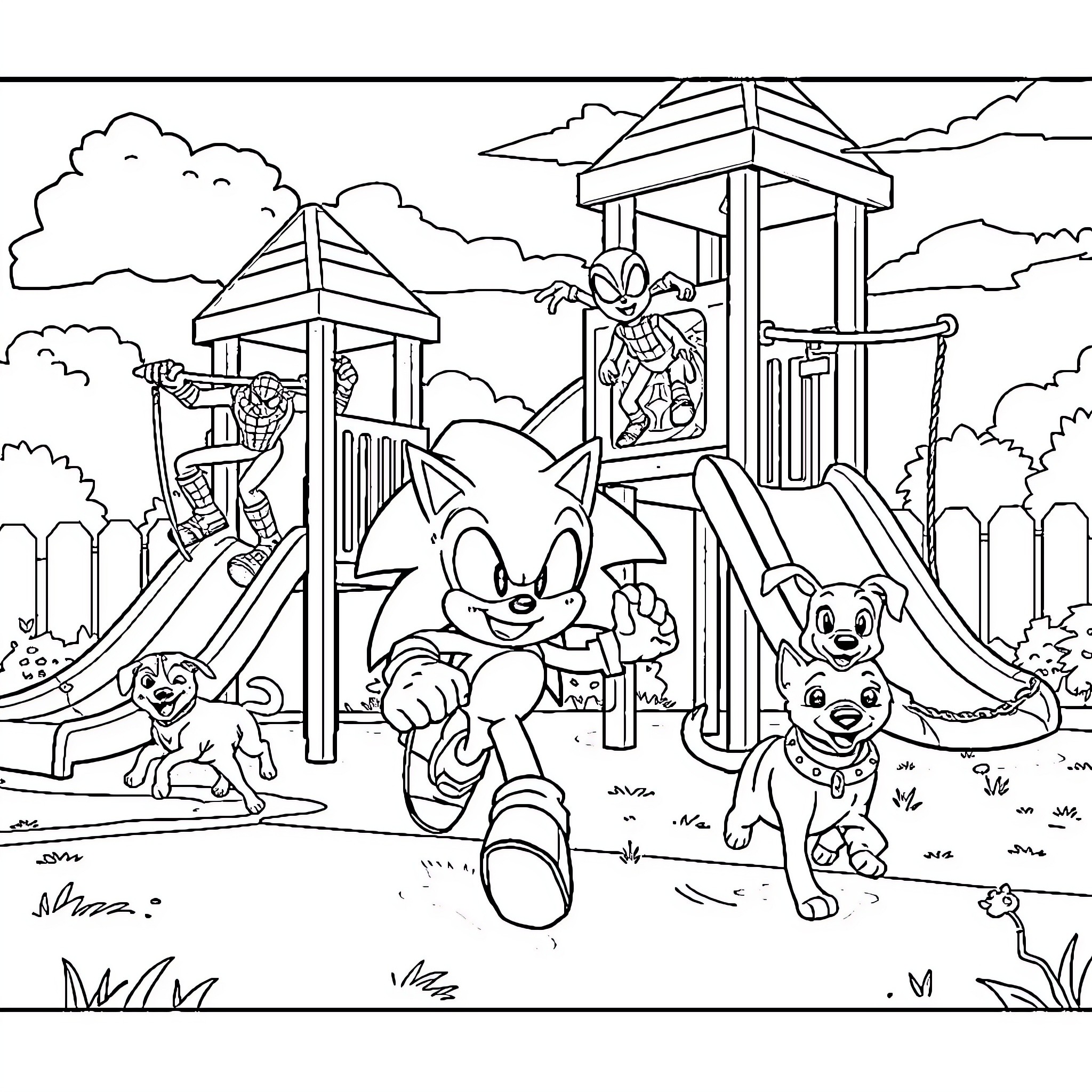 Sonic and friends playing at the playground Coloring Page (free black-and-white line drawing printable PDF for all, from beginners to advanced learners, including children, teens, adults, and seniors)