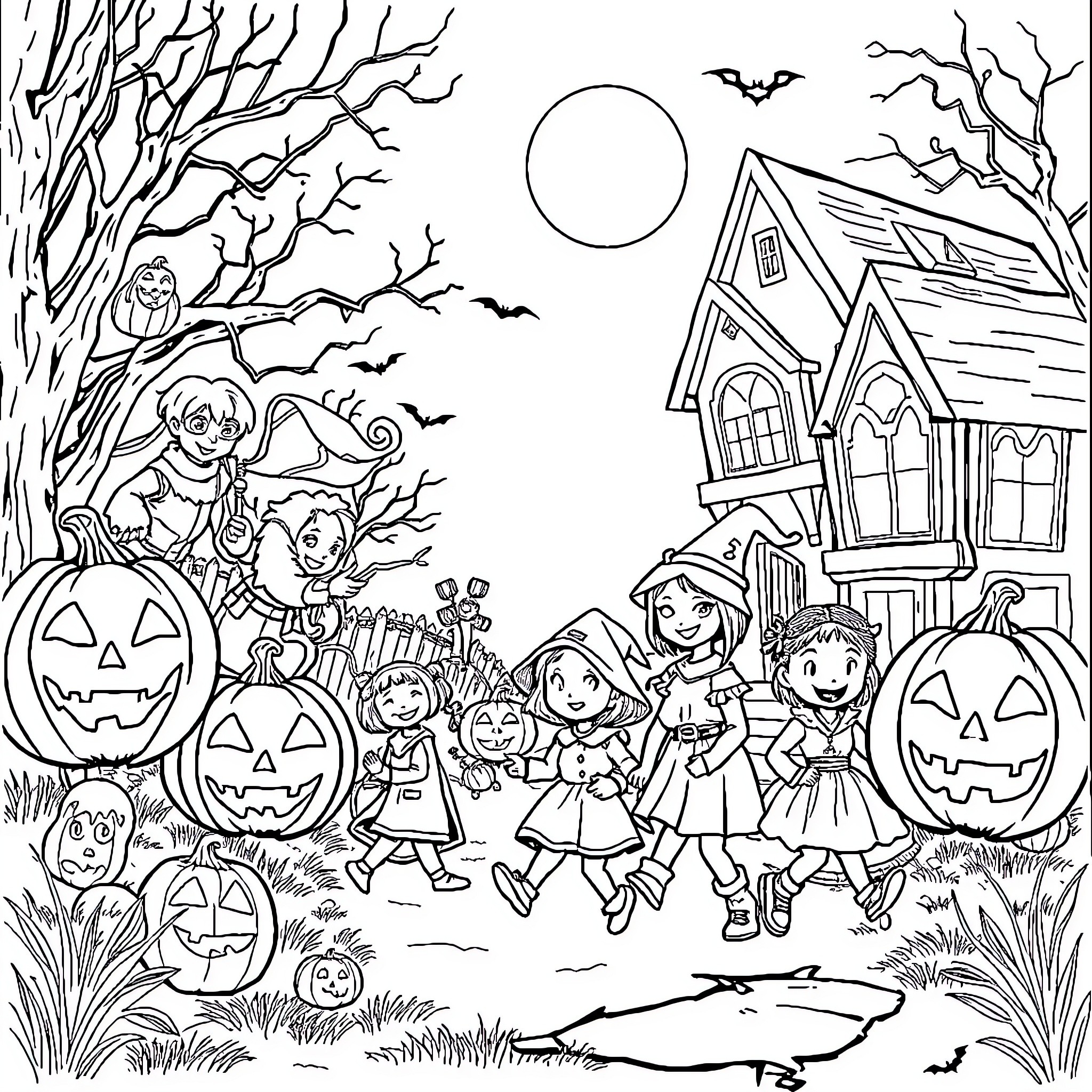 Halloween Kids Trick-or-Treating in Haunted Village Coloring Page (free black-and-white line drawing printable PDF for all, from beginners to advanced learners, including children, teens, adults, and seniors)