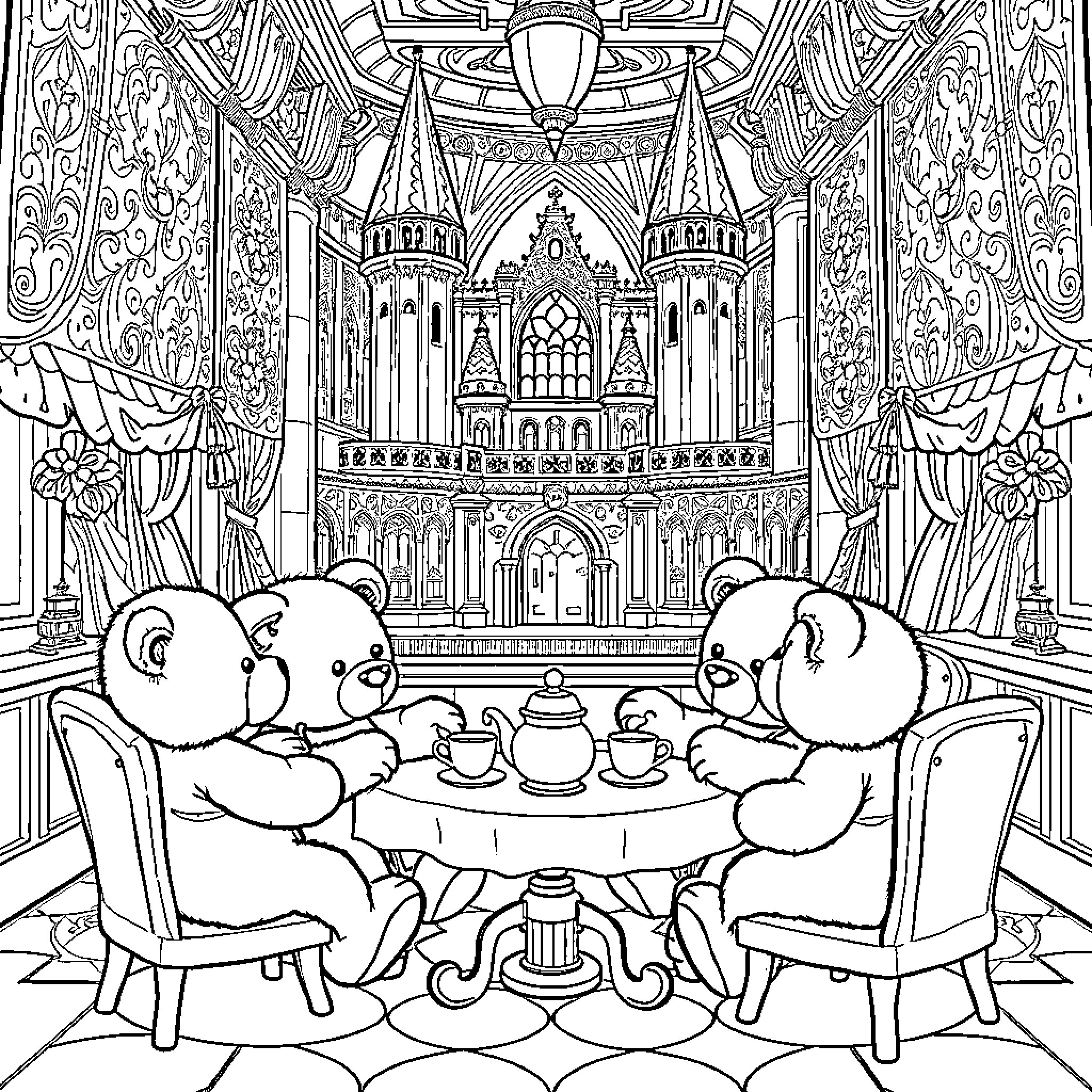 Teddy Bears Enjoying a Cozy Tea Party in Ornate Palace Coloring Page (free black-and-white line drawing printable PDF for all, from beginners to advanced learners, including children, teens, adults, and seniors)