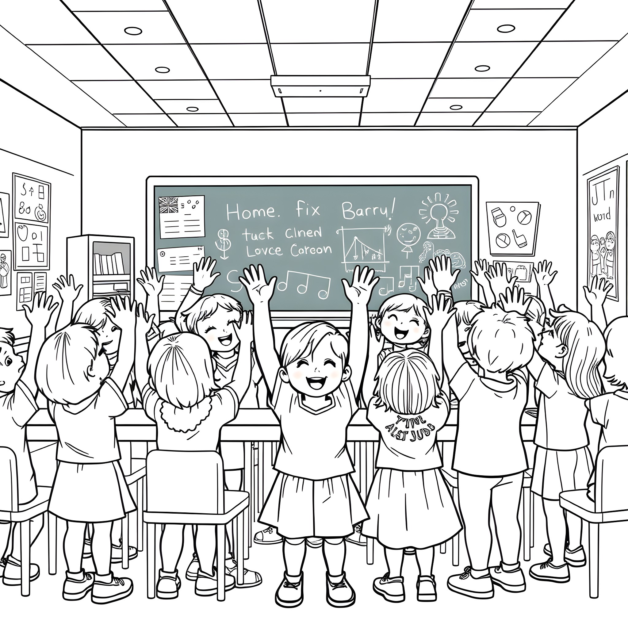 Kids enthusiastically raising hands in classroom Coloring Page (free black-and-white line drawing printable PDF for all, from beginners to advanced learners, including children, teens, adults, and seniors)