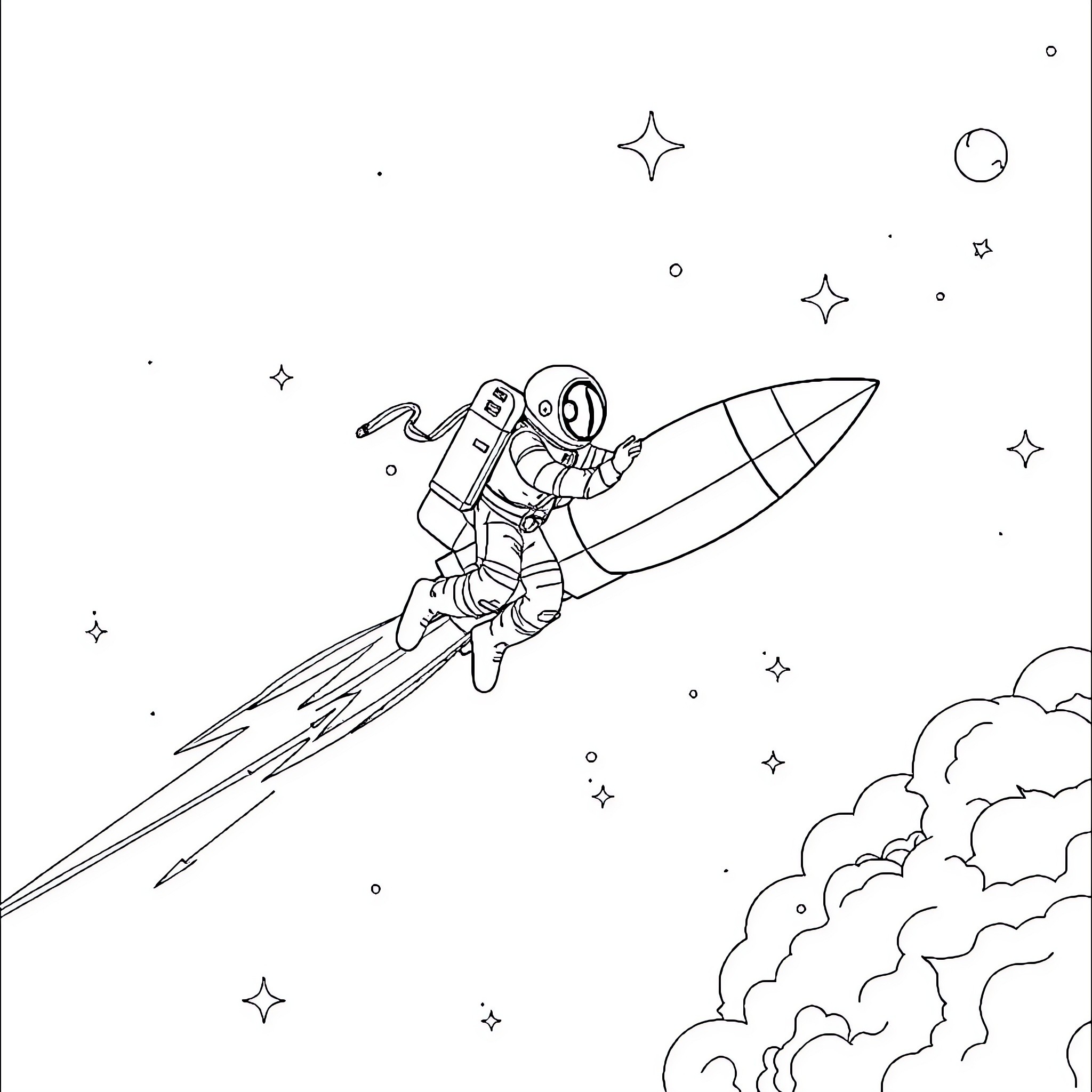 Rocket-powered astronaut soaring through starry night sky Coloring Page (free black-and-white line drawing printable PDF for all, from beginners to advanced learners, including children, teens, adults, and seniors)