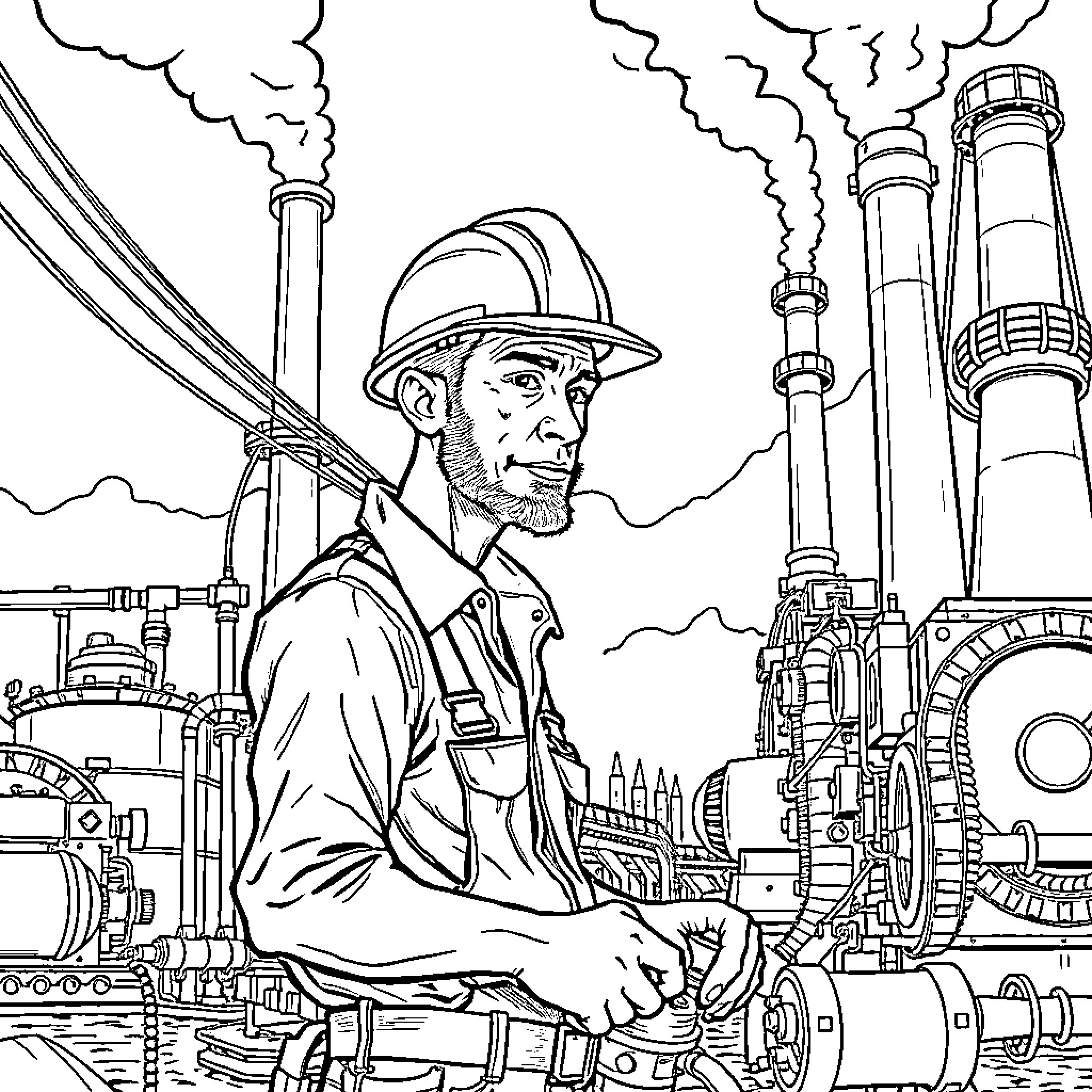 Man operating industrial machinery in a factory setting Coloring Page (free black-and-white line drawing printable PDF for all, from beginners to advanced learners, including children, teens, adults, and seniors)