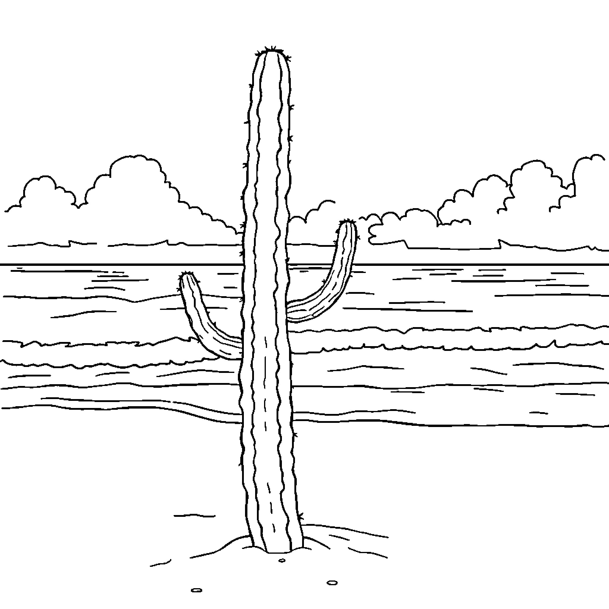 Cactus standing tall in the desert landscape Coloring Page (free black-and-white line drawing printable PDF for all, from beginners to advanced learners, including children, teens, adults, and seniors)