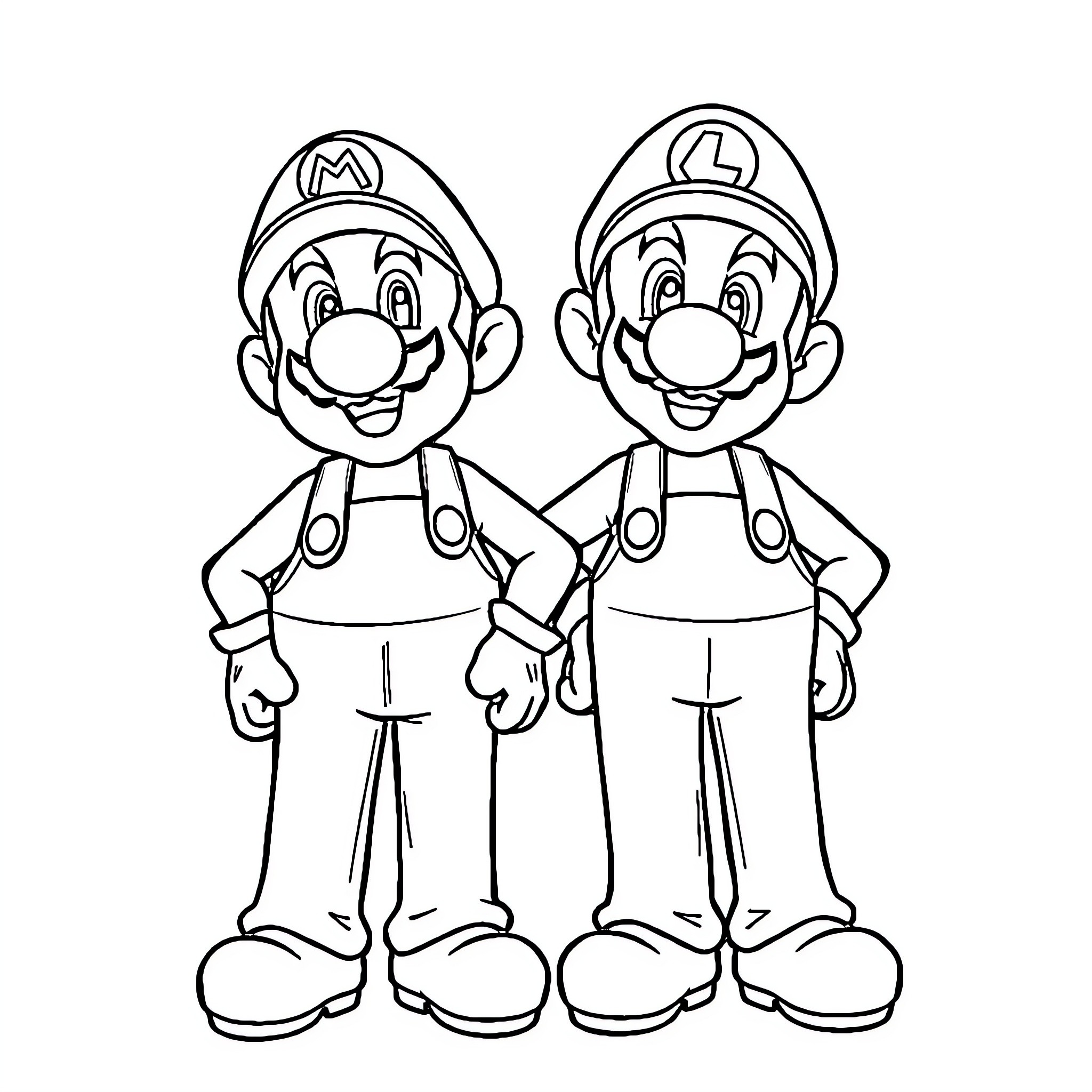 Mario and Luigi in Playful Poses Coloring Page (free black-and-white line drawing printable PDF for all, from beginners to advanced learners, including children, teens, adults, and seniors)