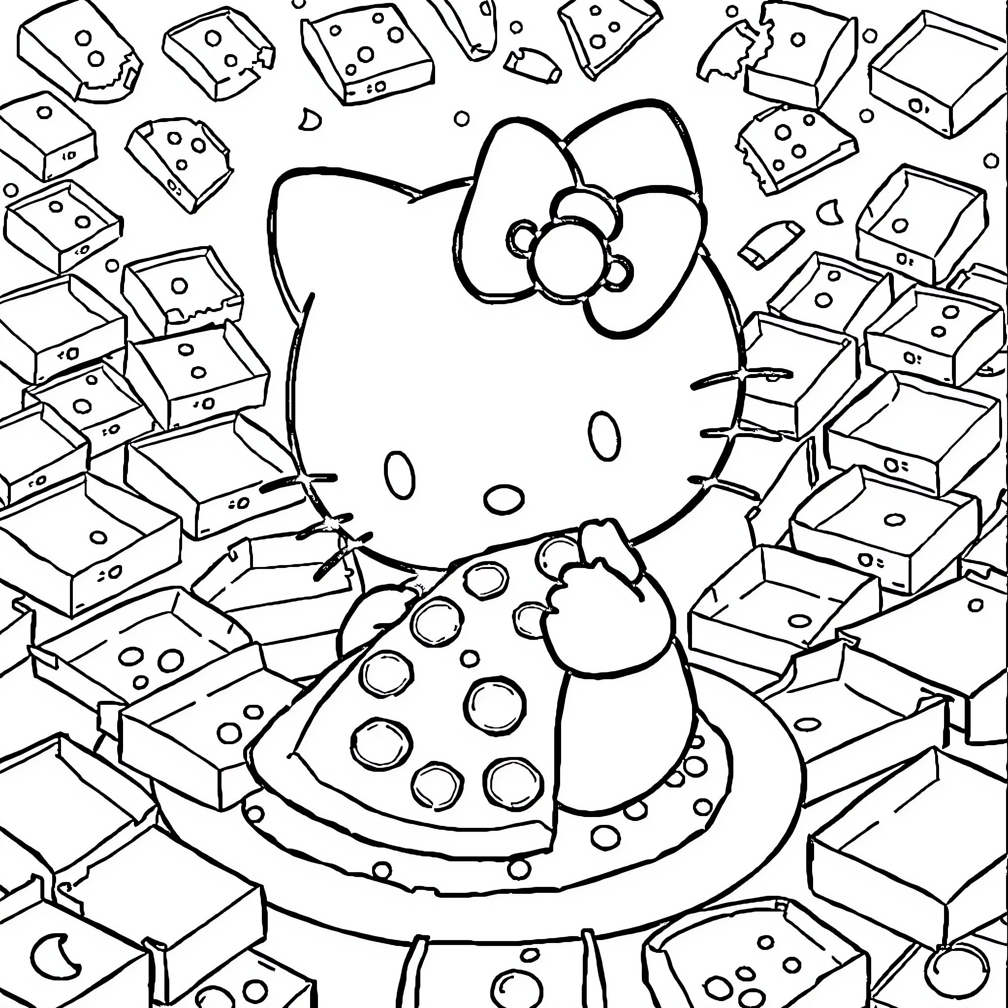 Hello Kitty enjoying a cheesy pizza snack Coloring Page (free black-and-white line drawing printable PDF for all, from beginners to advanced learners, including children, teens, adults, and seniors)
