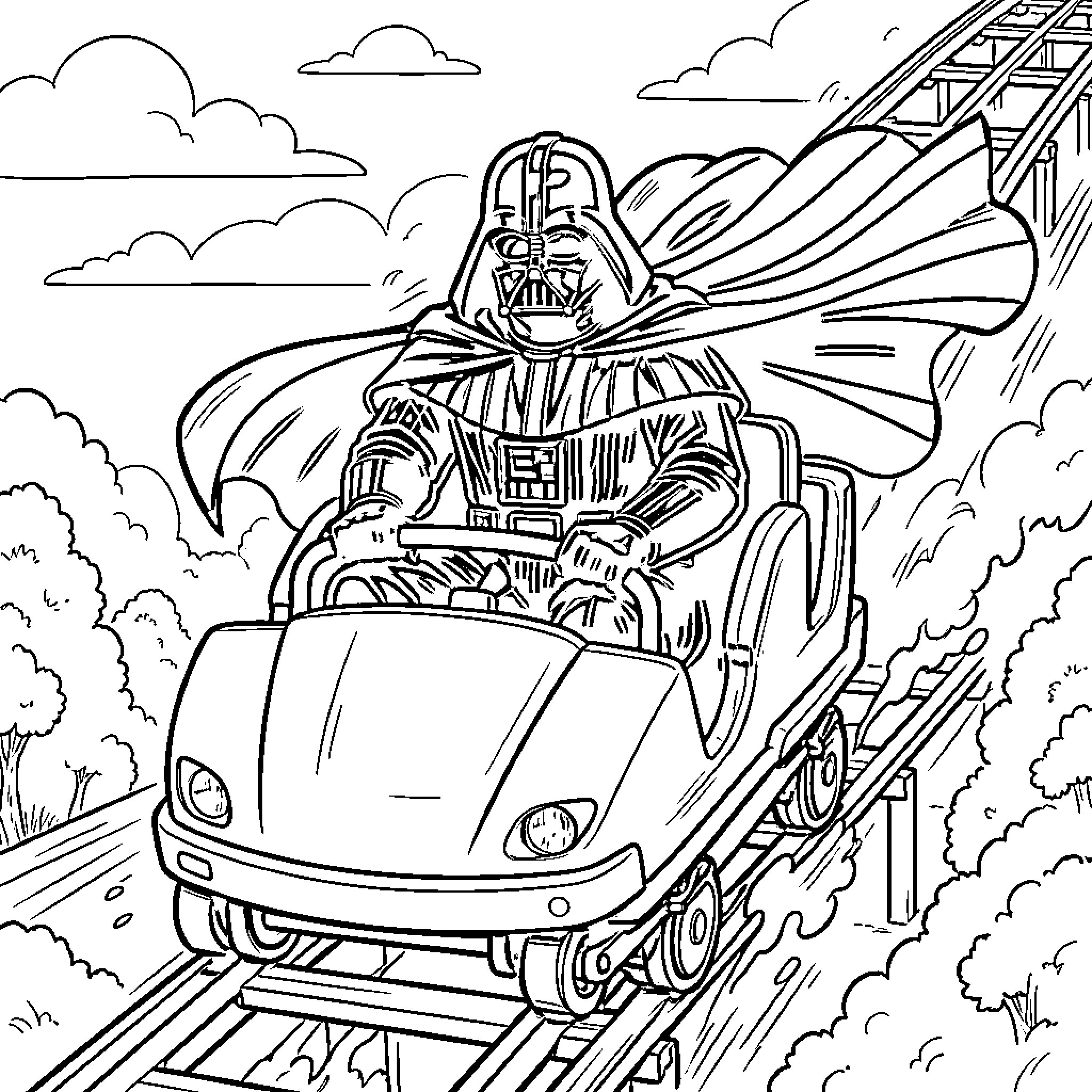 Darth Vader riding a roller coaster through the trees Coloring Page (free black-and-white line drawing printable PDF for all, from beginners to advanced learners, including children, teens, adults, and seniors)