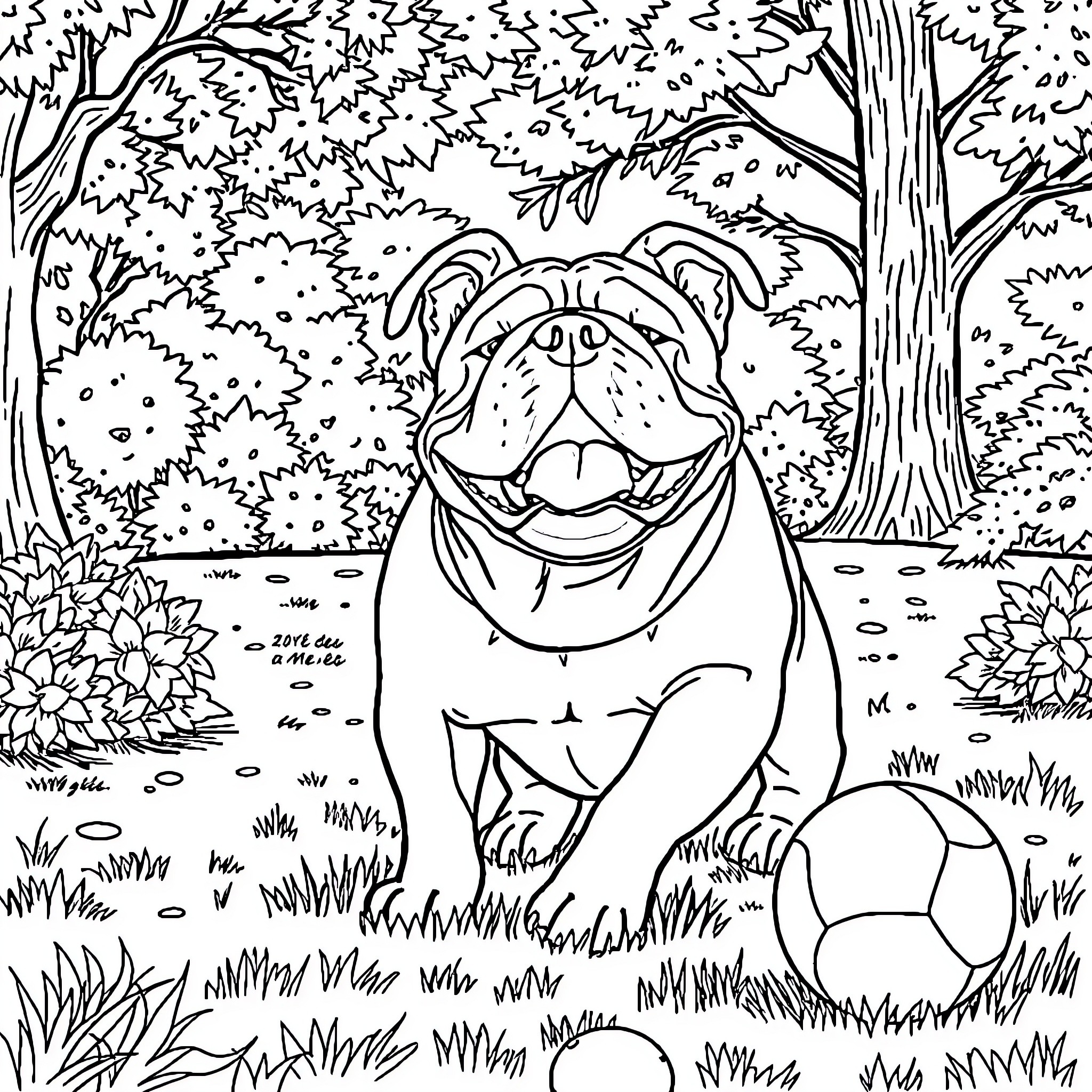 Bulldog enjoying a playful afternoon in the park Coloring Page (free black-and-white line drawing printable PDF for all, from beginners to advanced learners, including children, teens, adults, and seniors)