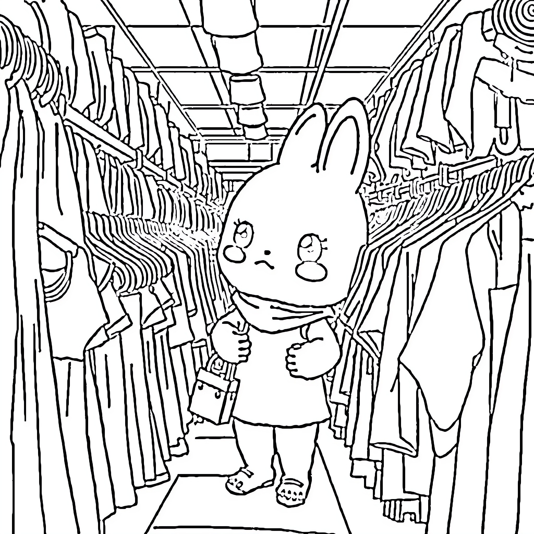 Labubu explores the clothing aisle Coloring Page (free black-and-white line drawing printable PDF for all, from beginners to advanced learners, including children, teens, adults, and seniors)