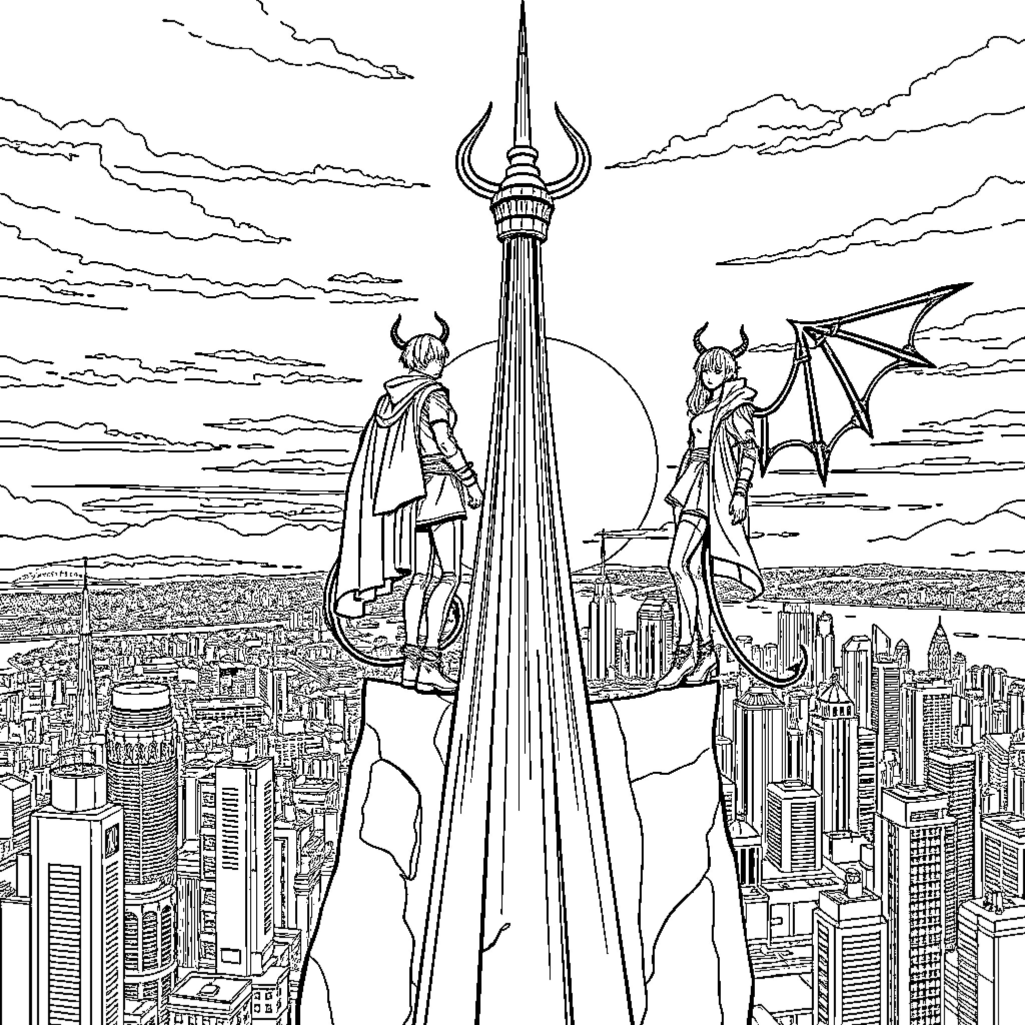 Kpop Demon Hunters Surveying the Cityscape Coloring Page (free black-and-white line drawing printable PDF for all, from beginners to advanced learners, including children, teens, adults, and seniors)