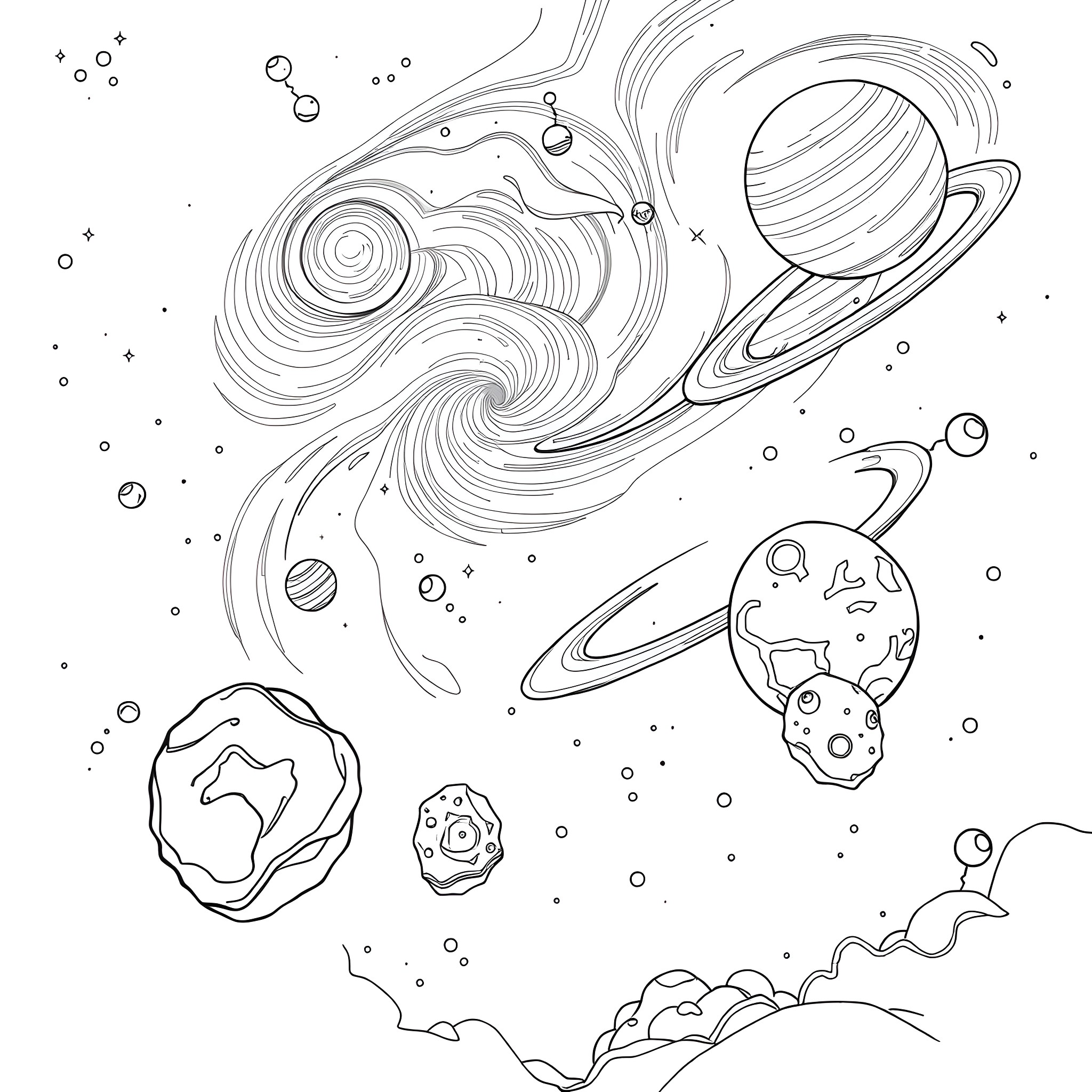 Space exploration of celestial bodies Coloring Page (free black-and-white line drawing printable PDF for all, from beginners to advanced learners, including children, teens, adults, and seniors)