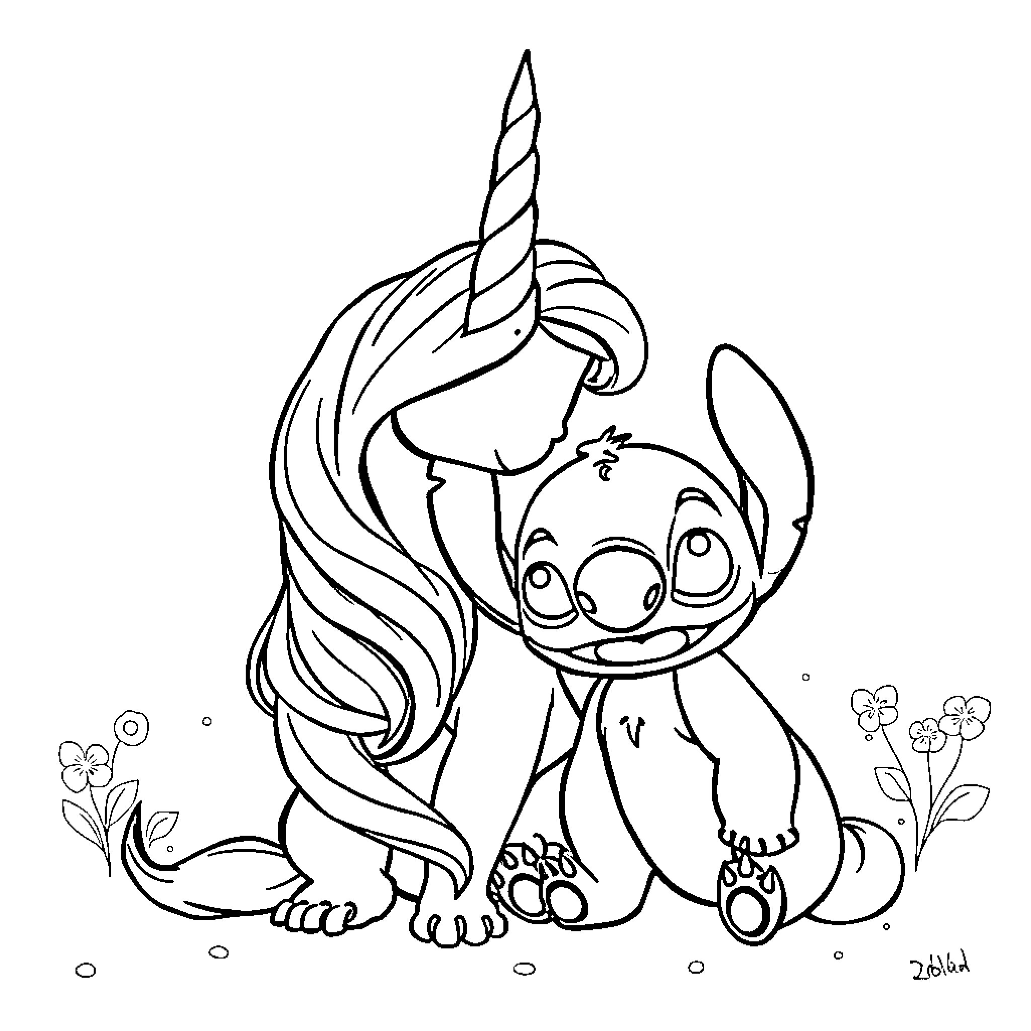 Unicorn and Stitch in Whimsical Scene Coloring Page (free black-and-white line drawing printable PDF for all, from beginners to advanced learners, including children, teens, adults, and seniors)