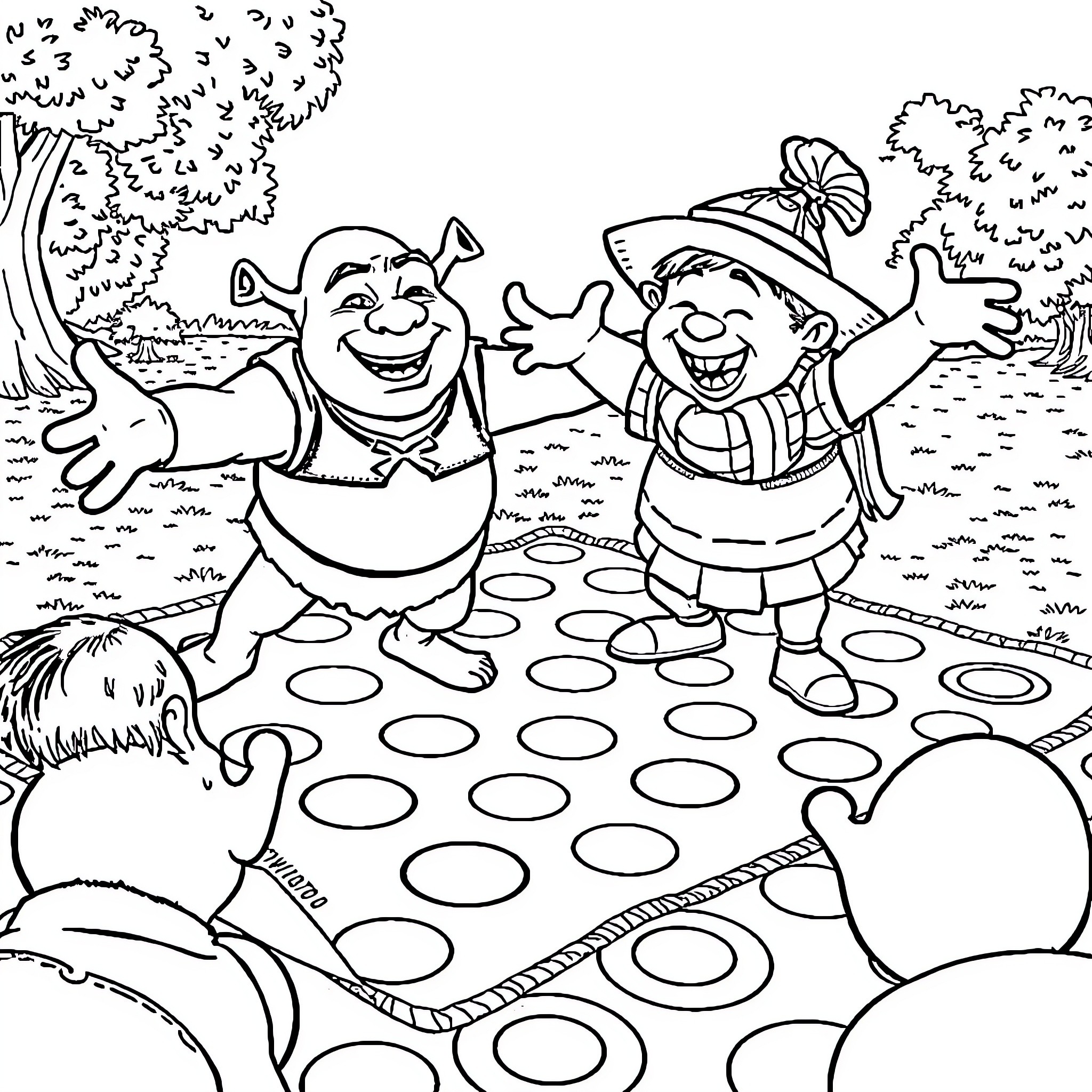 Shrek and friends enjoying a fun, playful scene Coloring Page (free black-and-white line drawing printable PDF for all, from beginners to advanced learners, including children, teens, adults, and seniors)