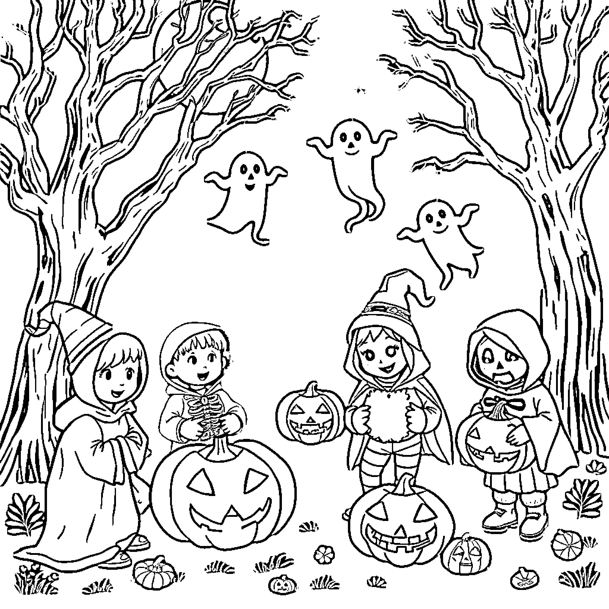 Halloween characters in a spooky forest Coloring Page (free black-and-white line drawing printable PDF for all, from beginners to advanced learners, including children, teens, adults, and seniors)