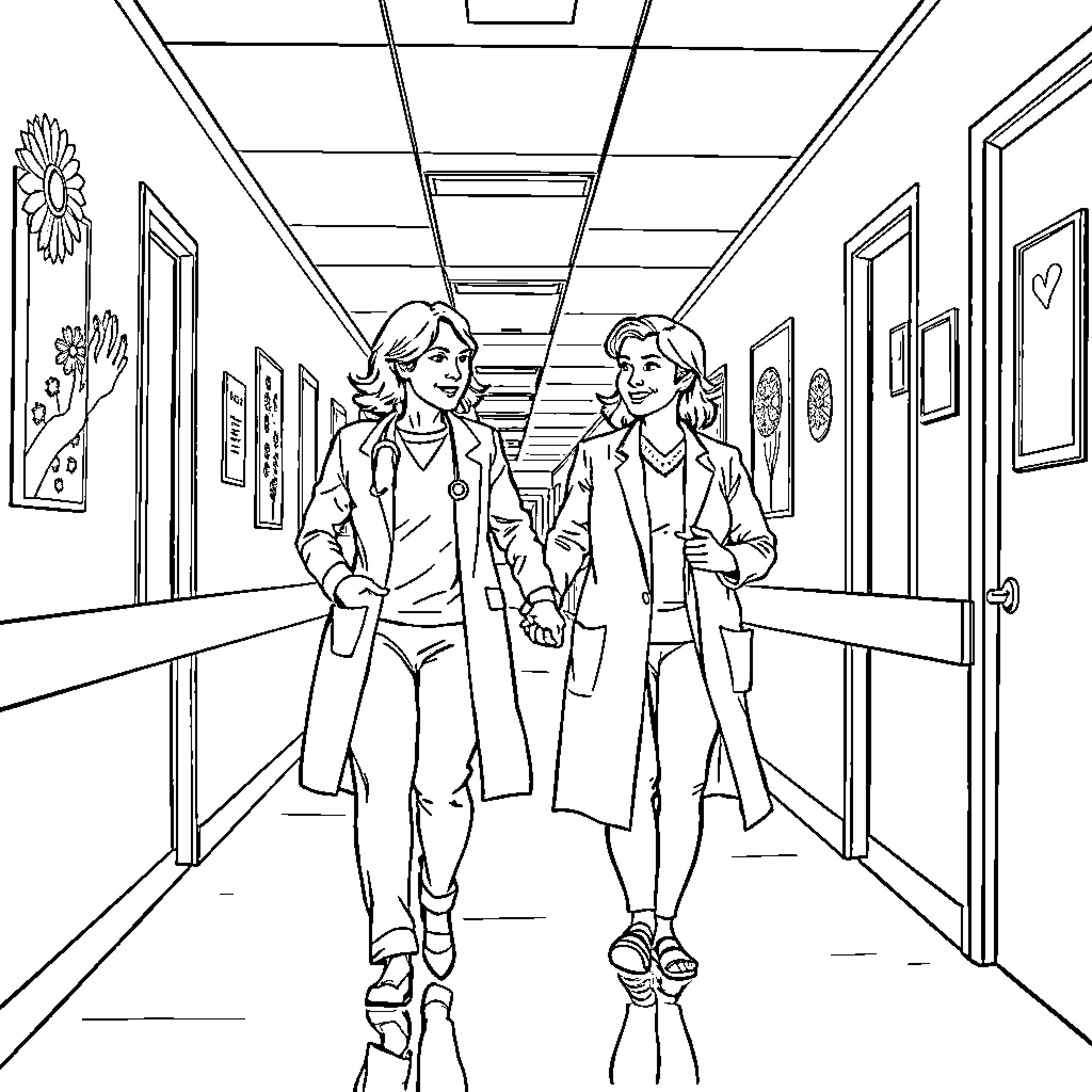 Tina Fey and her colleague walking down the hallway Coloring Page (free black-and-white line drawing printable PDF for all, from beginners to advanced learners, including children, teens, adults, and seniors)