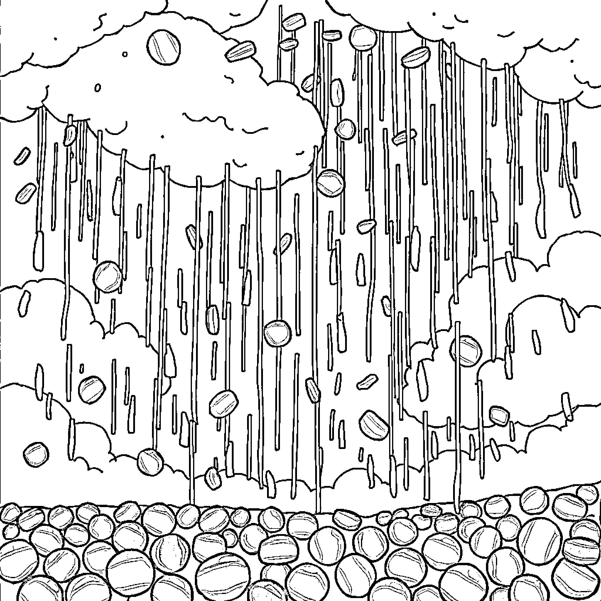 Candy Raining Down from the Cloudy Skies Coloring Page (free black-and-white line drawing printable PDF for all, from beginners to advanced learners, including children, teens, adults, and seniors)