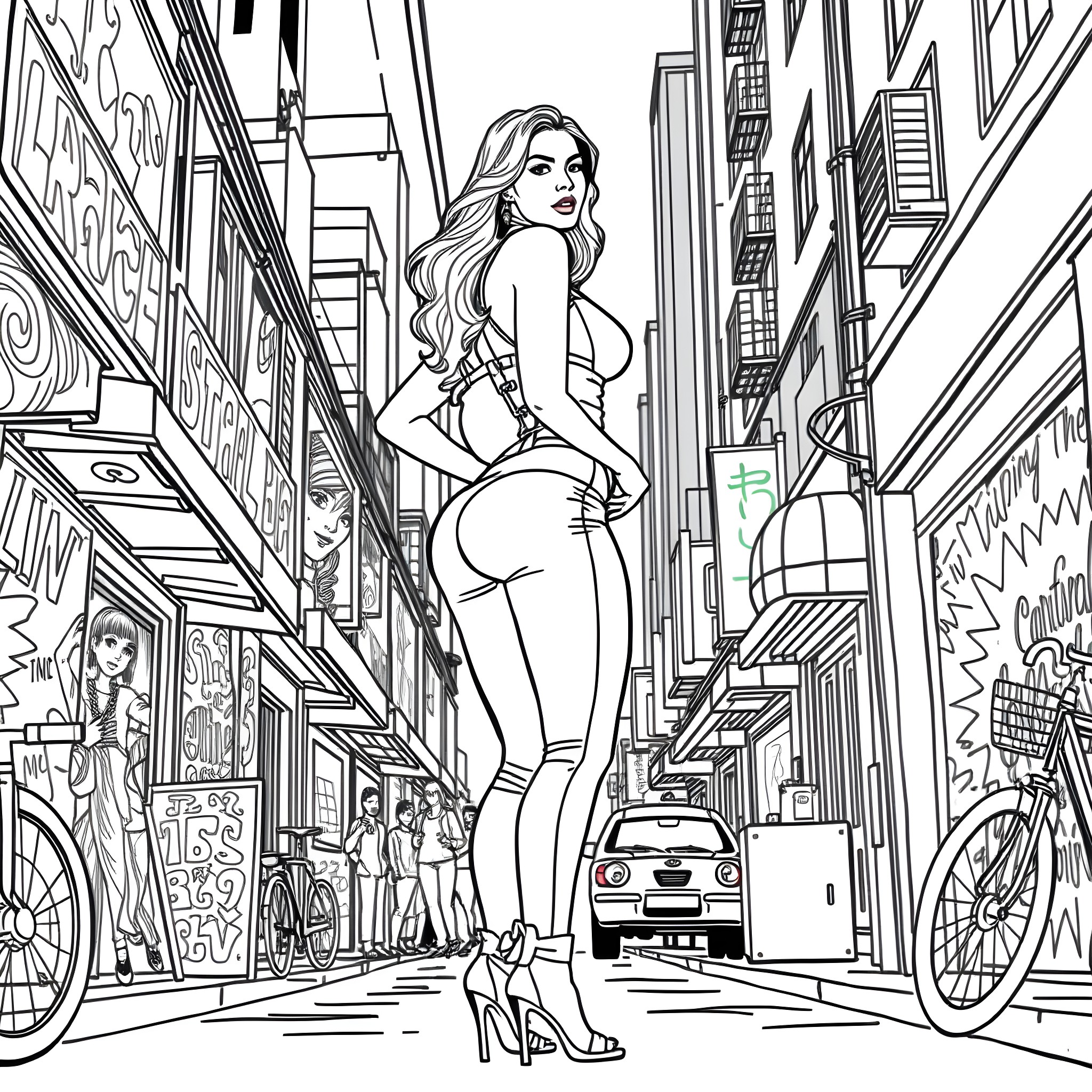 Latina Woman in Alluring Outfit Stands in Urban Setting Coloring Page (free black-and-white line drawing printable PDF for all, from beginners to advanced learners, including children, teens, adults, and seniors)