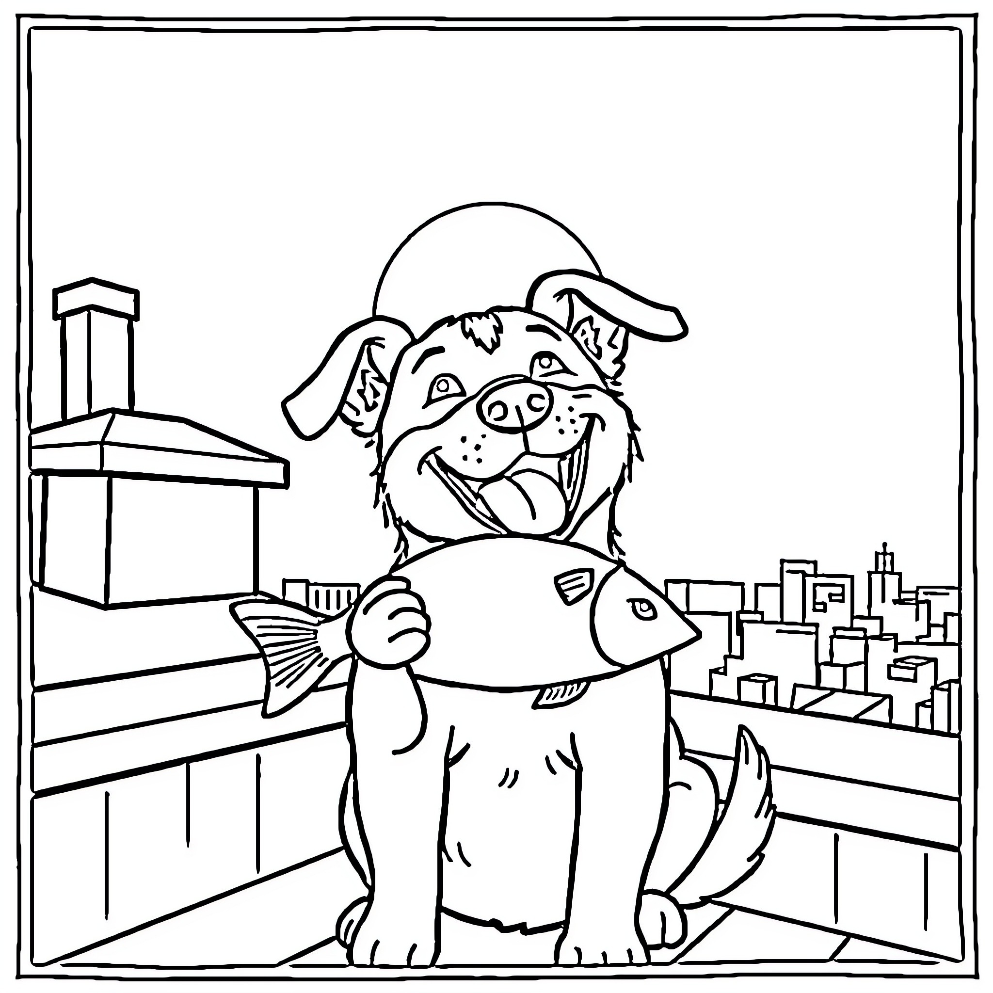 Dog with fish enjoying city skyline Coloring Page (free black-and-white line drawing printable PDF for all, from beginners to advanced learners, including children, teens, adults, and seniors)