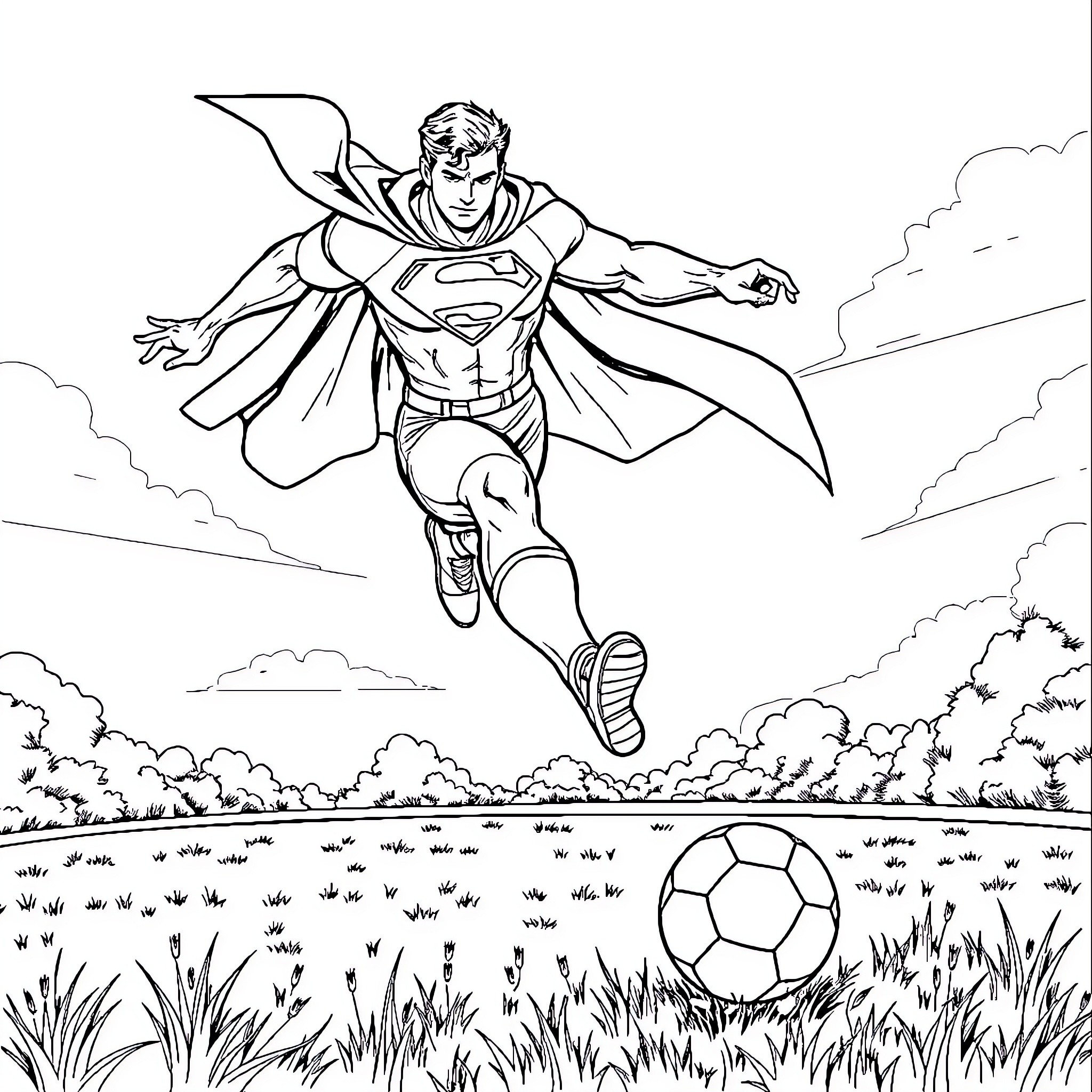 Superman soaring heroically through the sky Coloring Page (free black-and-white line drawing printable PDF for all, from beginners to advanced learners, including children, teens, adults, and seniors)