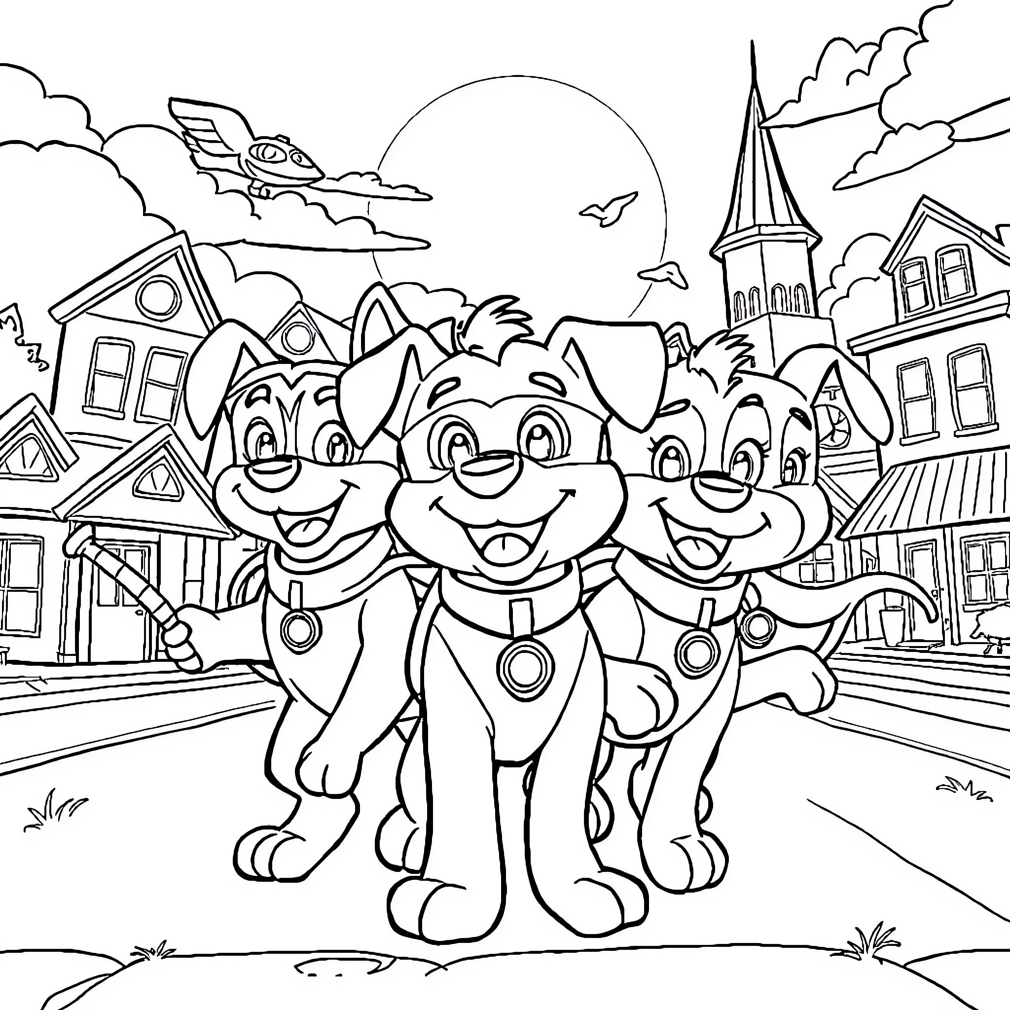 Paw Patrol Pups on an Adventure in the Town Coloring Page (free black-and-white line drawing printable PDF for all, from beginners to advanced learners, including children, teens, adults, and seniors)