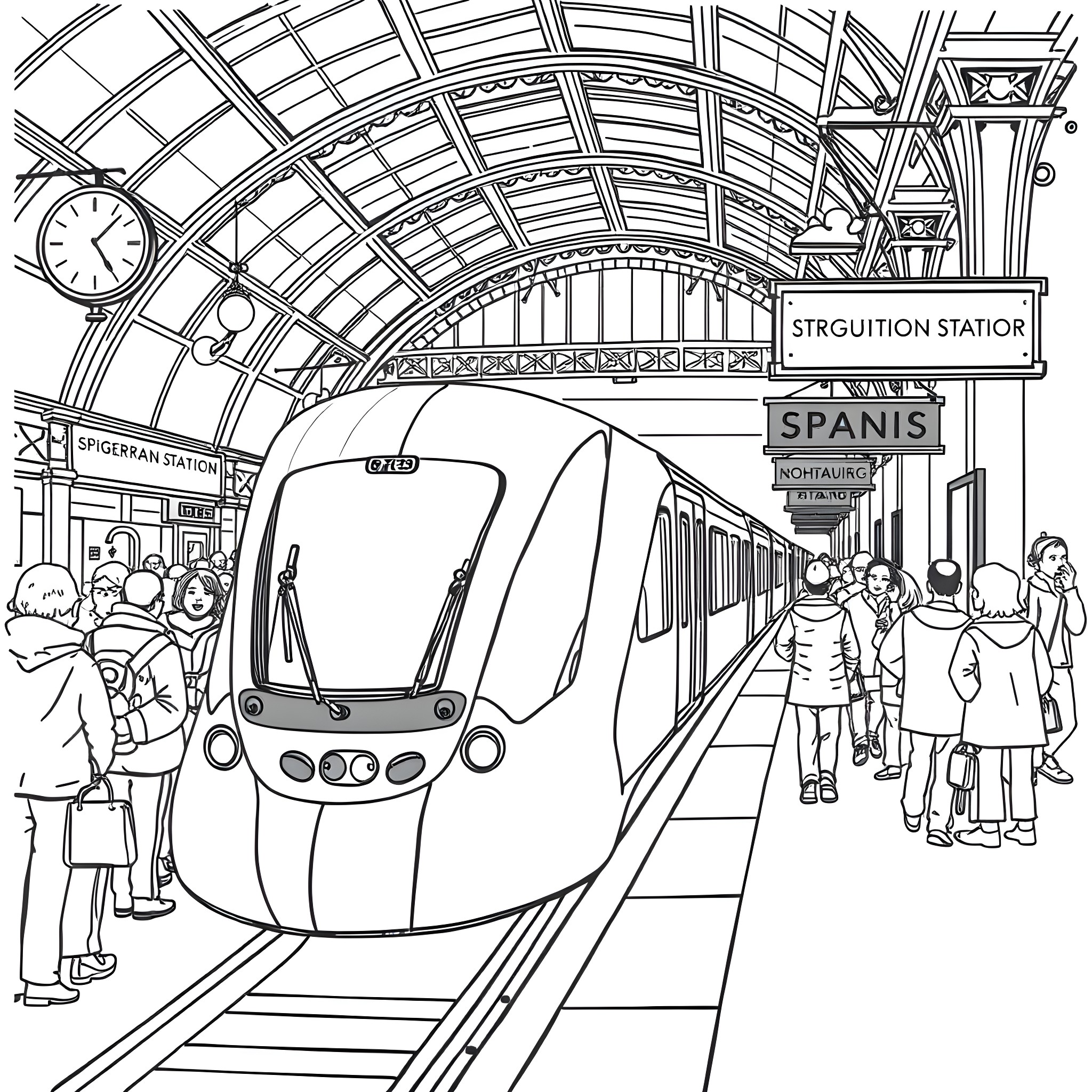 Train Passengers Waiting at Station Platform Coloring Page (free black-and-white line drawing printable PDF for all, from beginners to advanced learners, including children, teens, adults, and seniors)