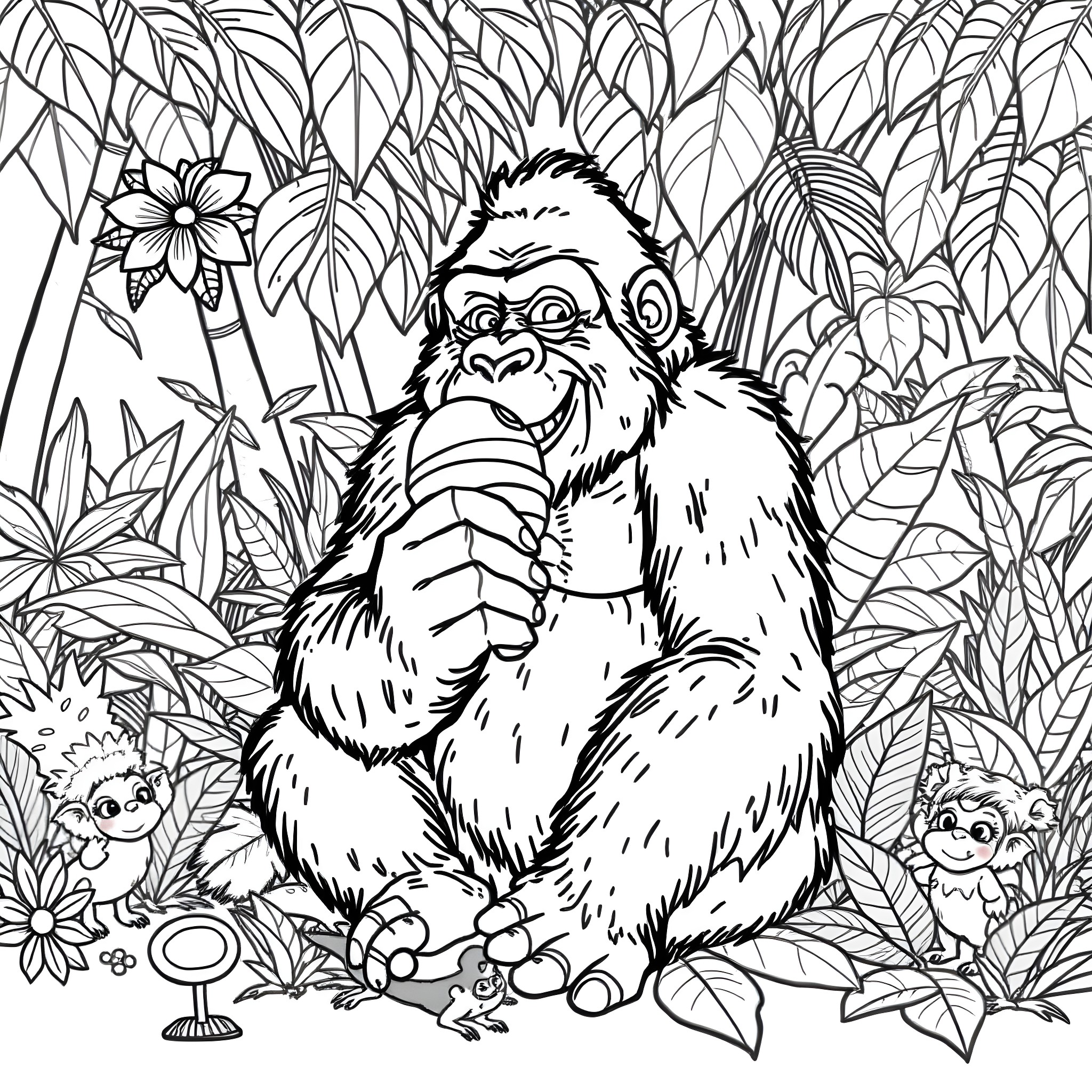 Gorilla exploring lush jungle vegetation Coloring Page (free black-and-white line drawing printable PDF for all, from beginners to advanced learners, including children, teens, adults, and seniors)