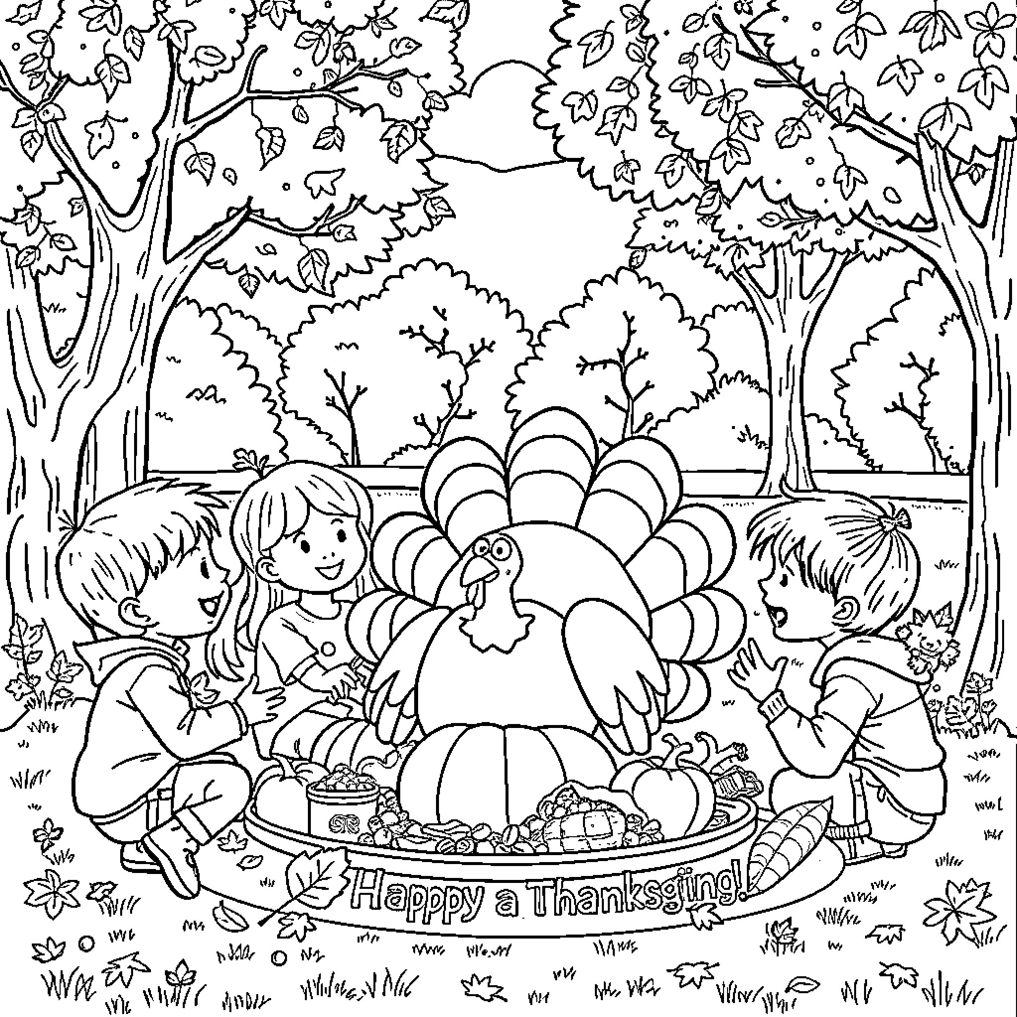 Turkey Thanksgiving Celebration with Children Coloring Page (free black-and-white line drawing printable PDF for all, from beginners to advanced learners, including children, teens, adults, and seniors)