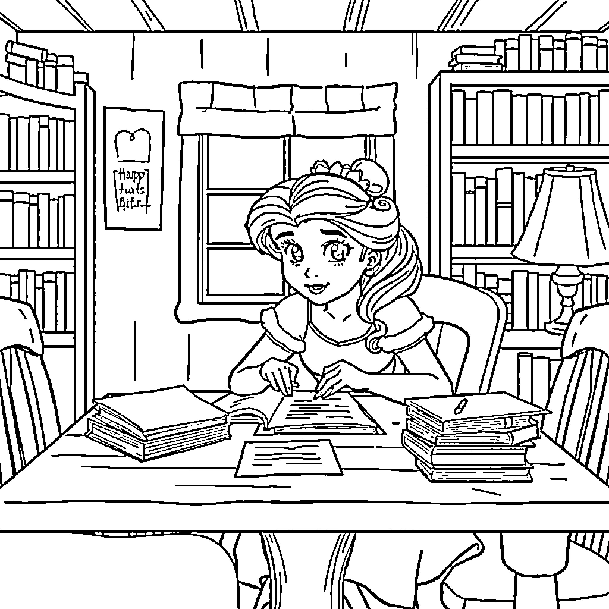 Princess studying diligently in the library Coloring Page (free black-and-white line drawing printable PDF for all, from beginners to advanced learners, including children, teens, adults, and seniors)