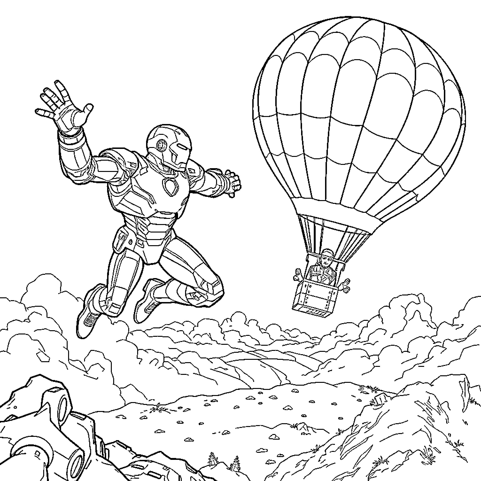 Ironman soaring through the sky in a hot air balloon adventure Coloring Page (free black-and-white line drawing printable PDF for all, from beginners to advanced learners, including children, teens, adults, and seniors)