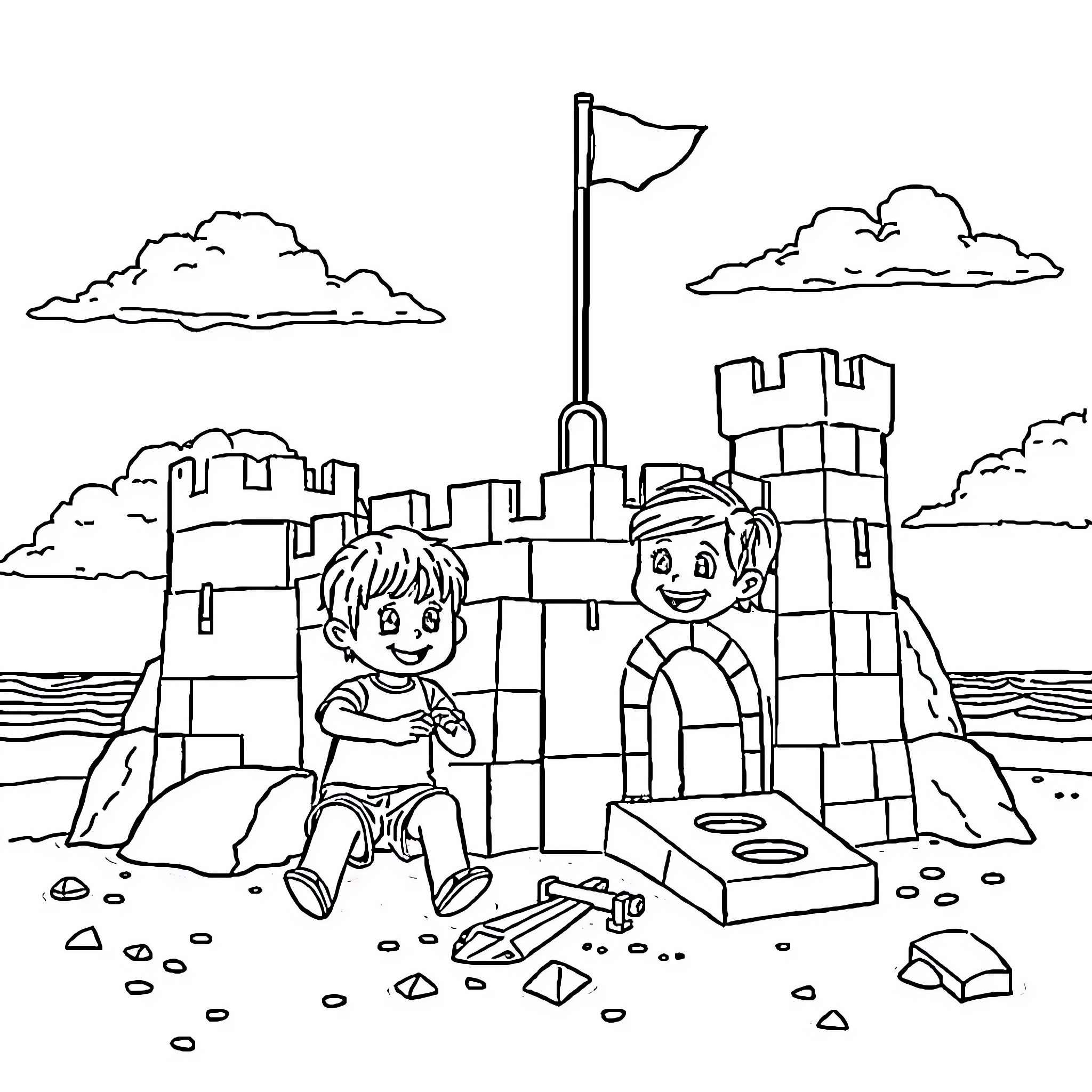 Niño playing happily with toy castle on beach Coloring Page (free black-and-white line drawing printable PDF for all, from beginners to advanced learners, including children, teens, adults, and seniors)
