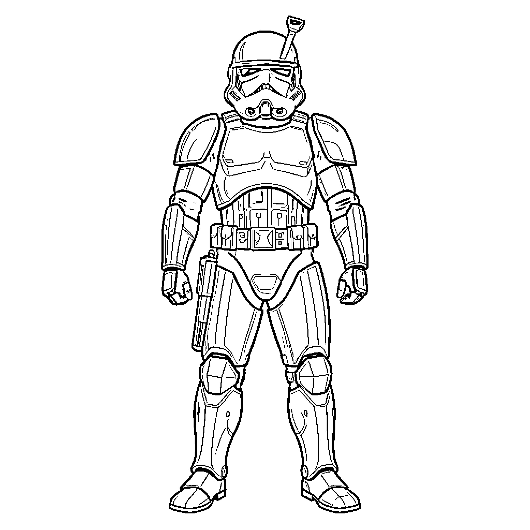 Samurai Stormtrooper in Iconic Stance Coloring Page (free black-and-white line drawing printable PDF for all, from beginners to advanced learners, including children, teens, adults, and seniors)