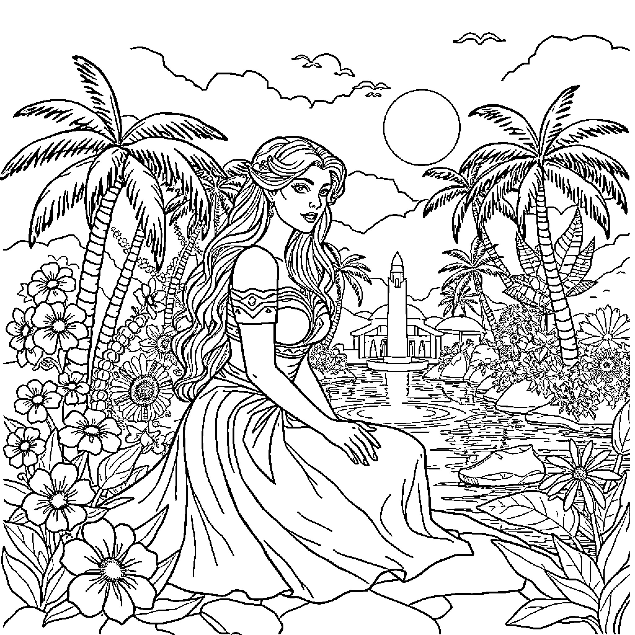 Frig girl relaxing on tropical beach with palms Coloring Page (free black-and-white line drawing printable PDF for all, from beginners to advanced learners, including children, teens, adults, and seniors)