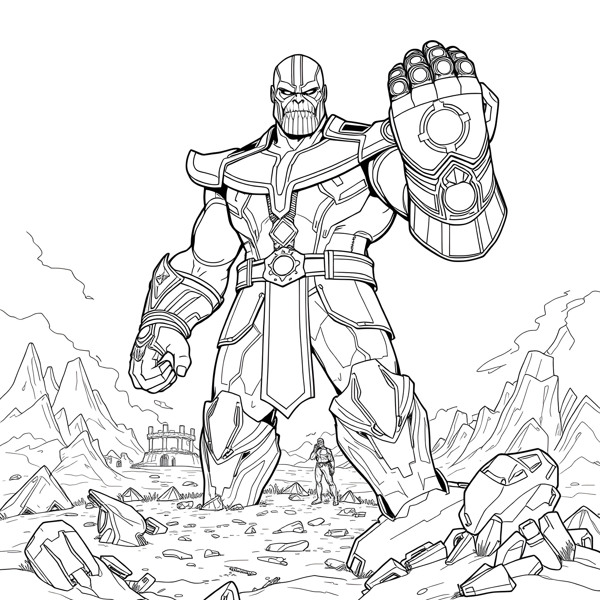Thanos, The Mad Titan, Wielding the Infinity Gauntlet Coloring Page (free black-and-white line drawing printable PDF for all, from beginners to advanced learners, including children, teens, adults, and seniors)