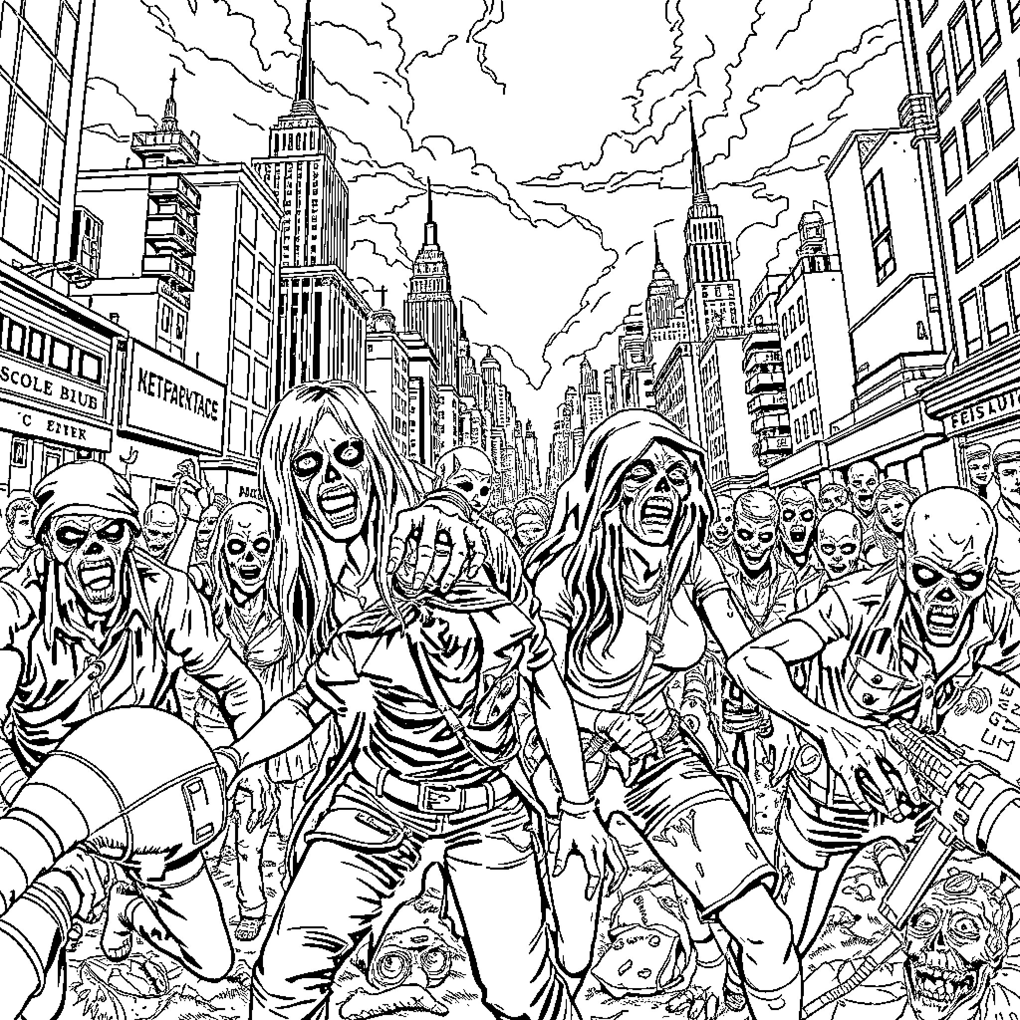 Zombie mob rampaging through the city streets Coloring Page (free black-and-white line drawing printable PDF for all, from beginners to advanced learners, including children, teens, adults, and seniors)