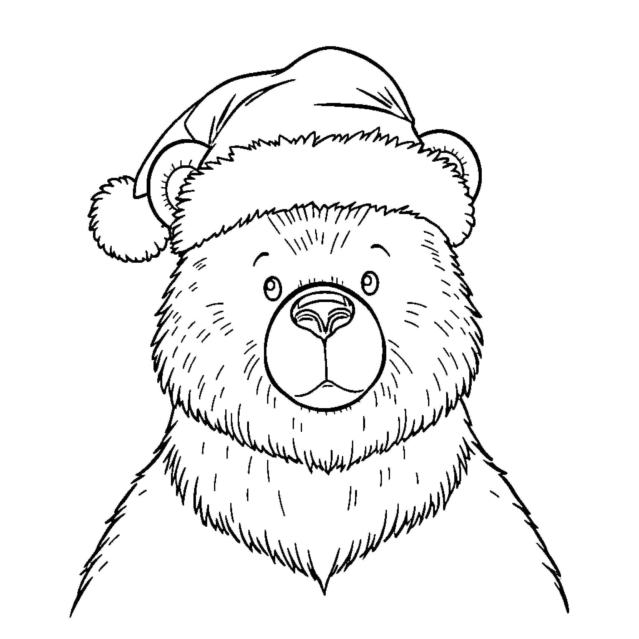 Bear wearing festive Santa hat Coloring Page (free black-and-white line drawing printable PDF for all, from beginners to advanced learners, including children, teens, adults, and seniors)