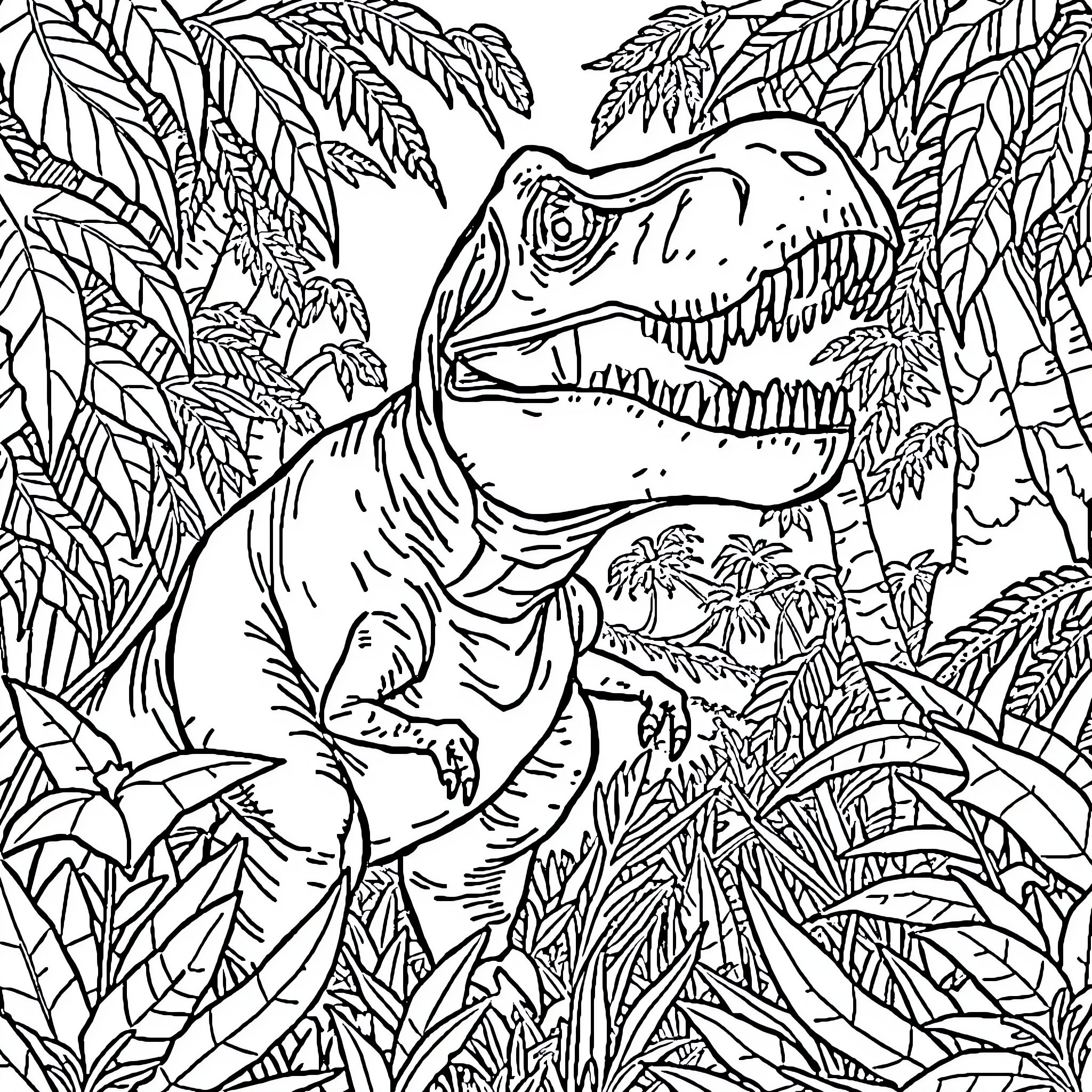 T-Rex roaring in the jungle Coloring Page (free black-and-white line drawing printable PDF for all, from beginners to advanced learners, including children, teens, adults, and seniors)