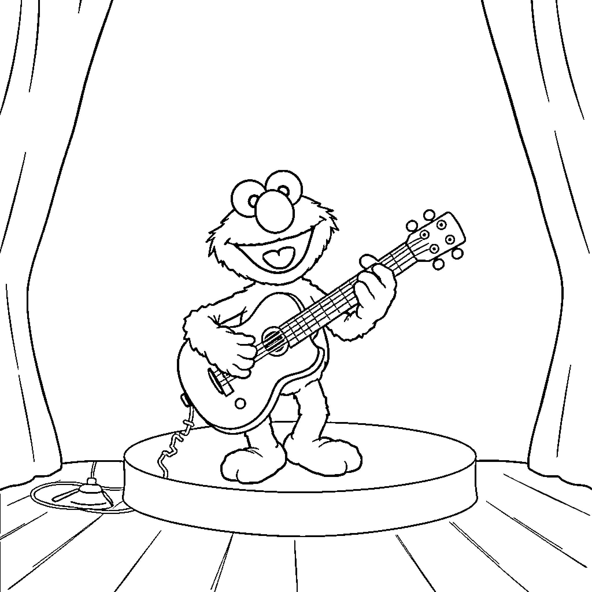 Elmo Performing with Guitar on Stage Coloring Page (free black-and-white line drawing printable PDF for all, from beginners to advanced learners, including children, teens, adults, and seniors)